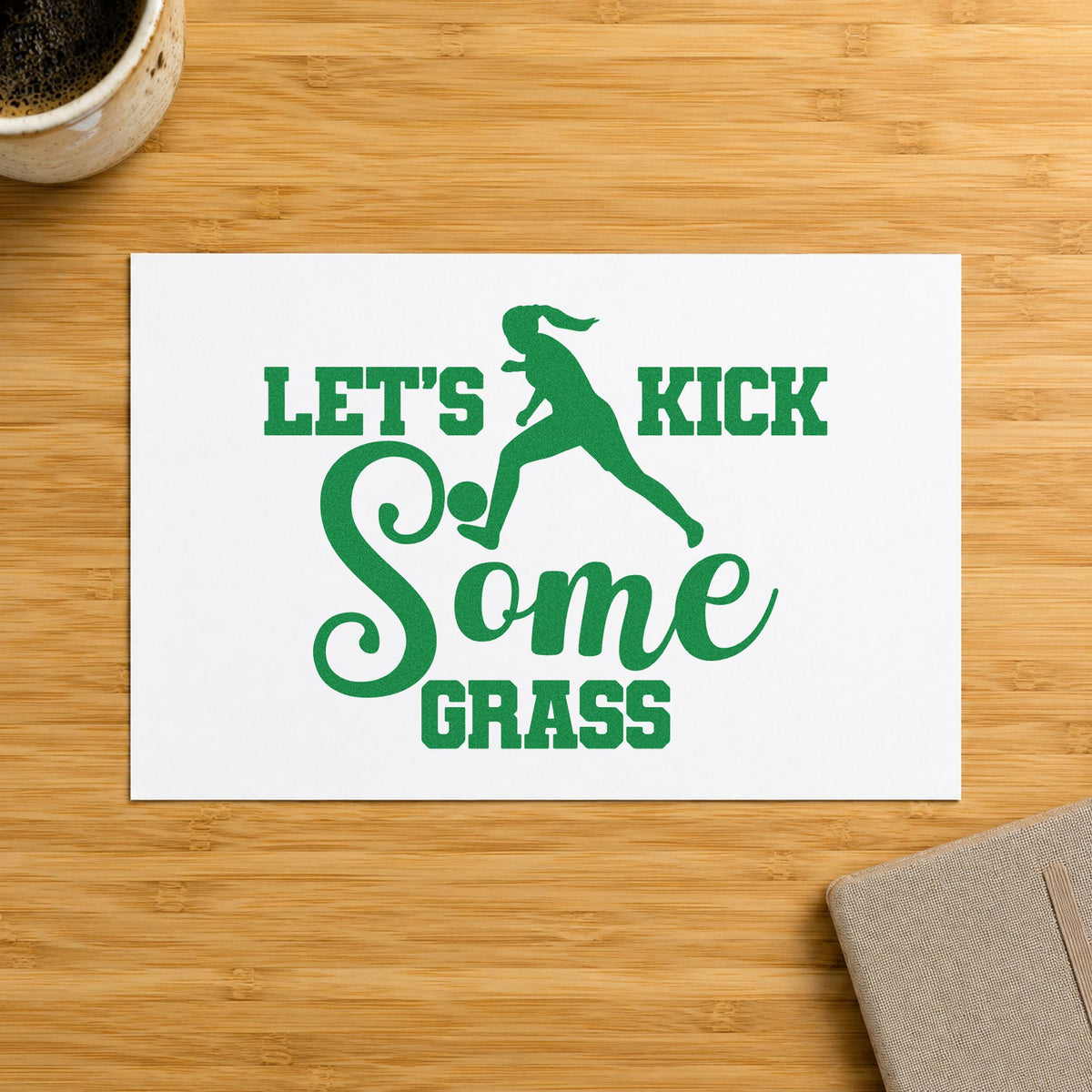 Let's Kick Some Grass craft stamp imprint in green ink on a handmade project, one idea being framed dugout art.