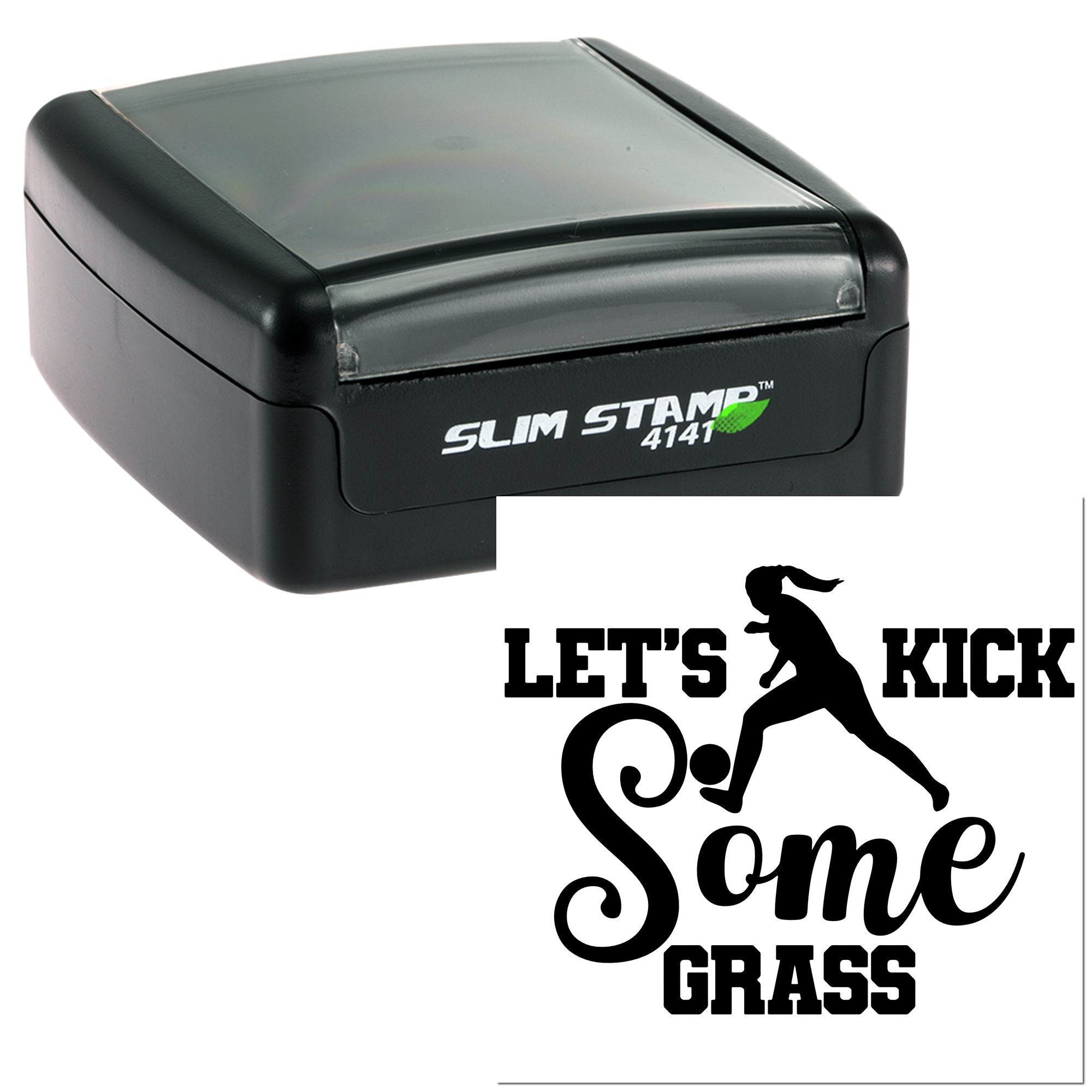 Slim self-inking rubber stamp with custom soccer design reading Lets Kick Some Grass for team and sports use.