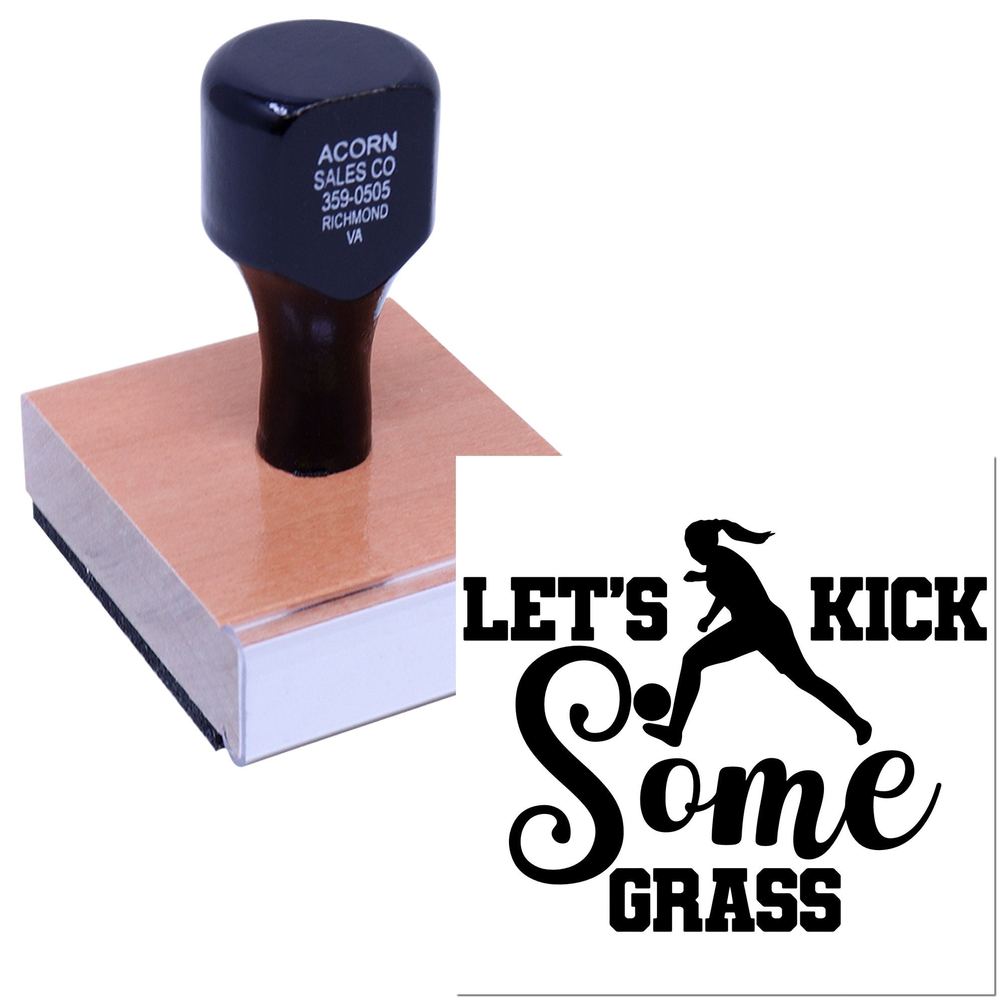 Custom rubber stamp with "Let's Kick Some Grass" soccer design for sports-themed invitations, cards, and craft projects.