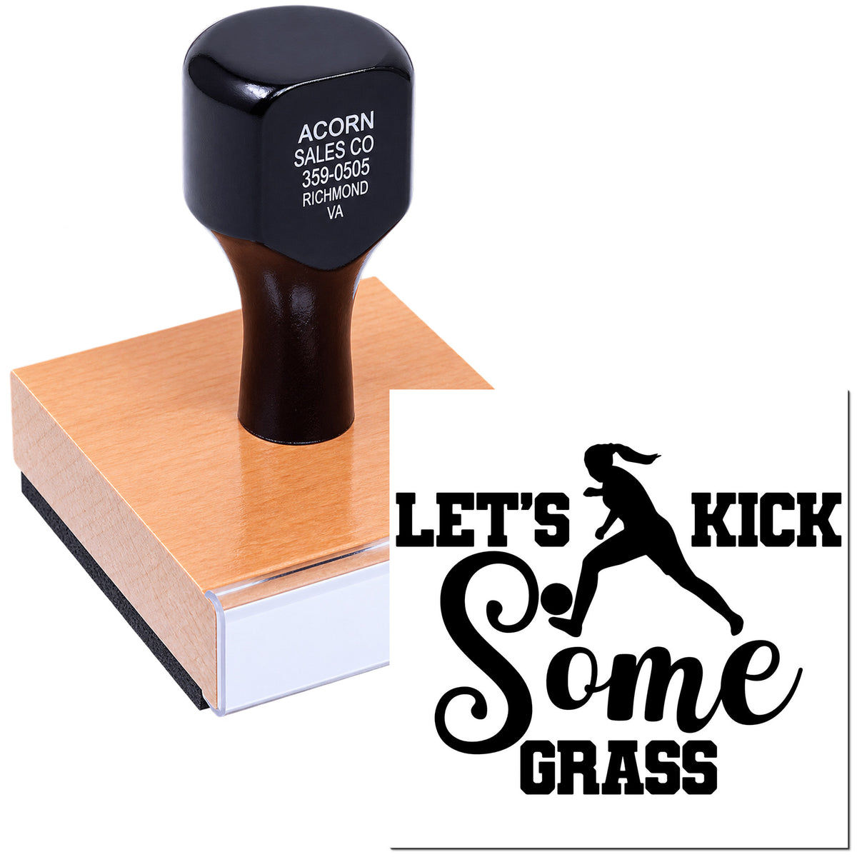 Custom rubber stamp with "Let's Kick Some Grass" soccer design for sports-themed invitations, cards, and craft projects.