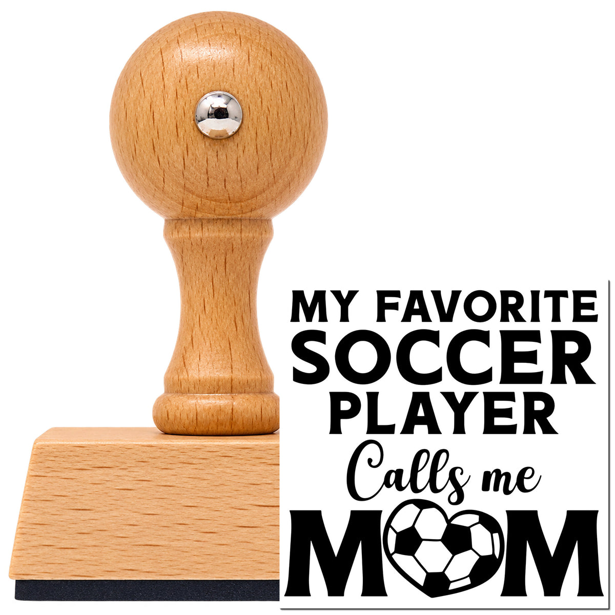 Soccer Mom Favorite Player Lettering Vintage Pro rubber stamp in European beech wood with a round knob handle, shown beside its black imprint.