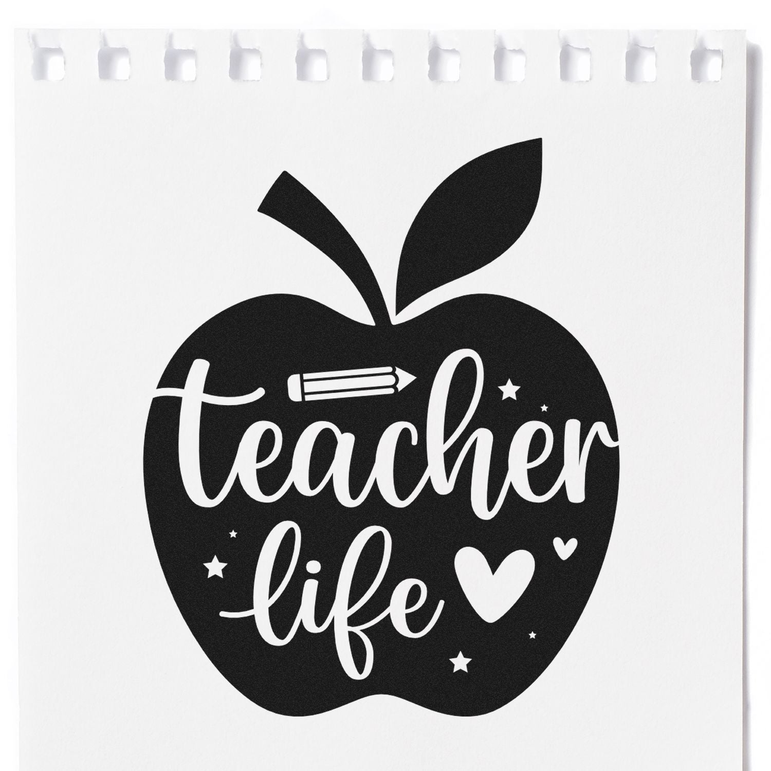 Teacher life apple rubber stamp design with pencil, heart and stars for classroom and back-to-school crafts.