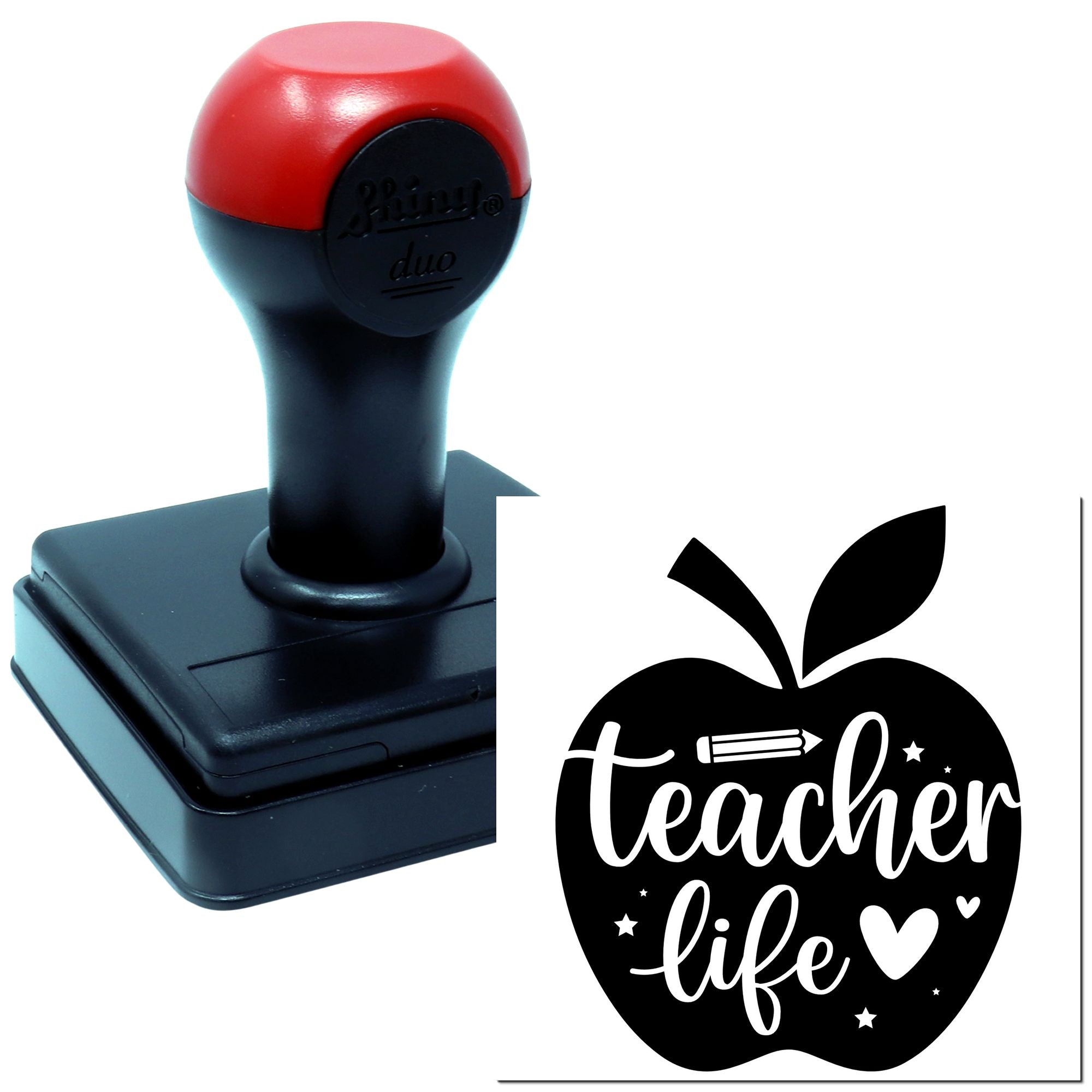 Self-inking rubber stamp with Teacher Life apple design for classroom projects, teacher gifts, and crafting.