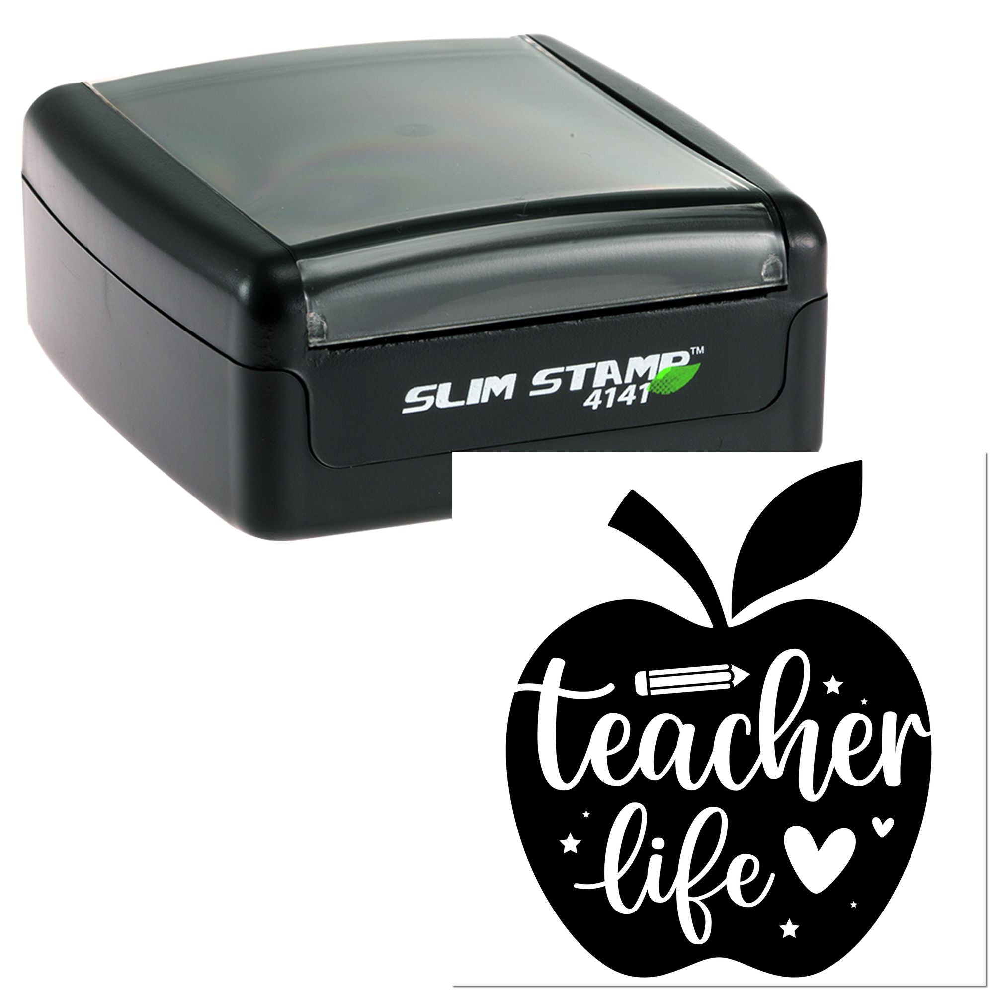 Slim Stamp 4141 self-inking rubber stamp with teacher life apple design for classroom crafts and personalized marking.