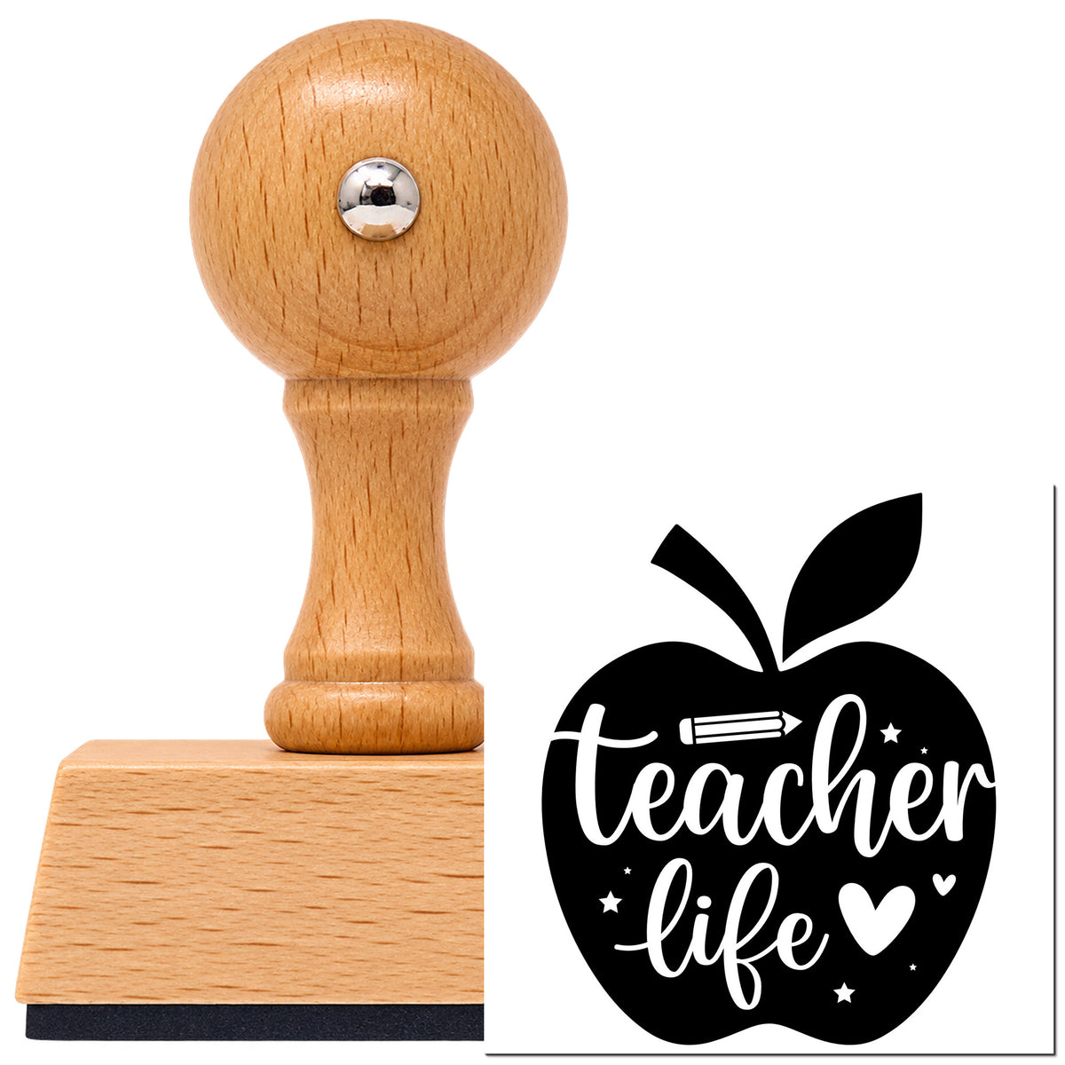 Teacher Life Apple Vintage Pro rubber stamp in European beech wood with a round knob handle, shown beside its black imprint.