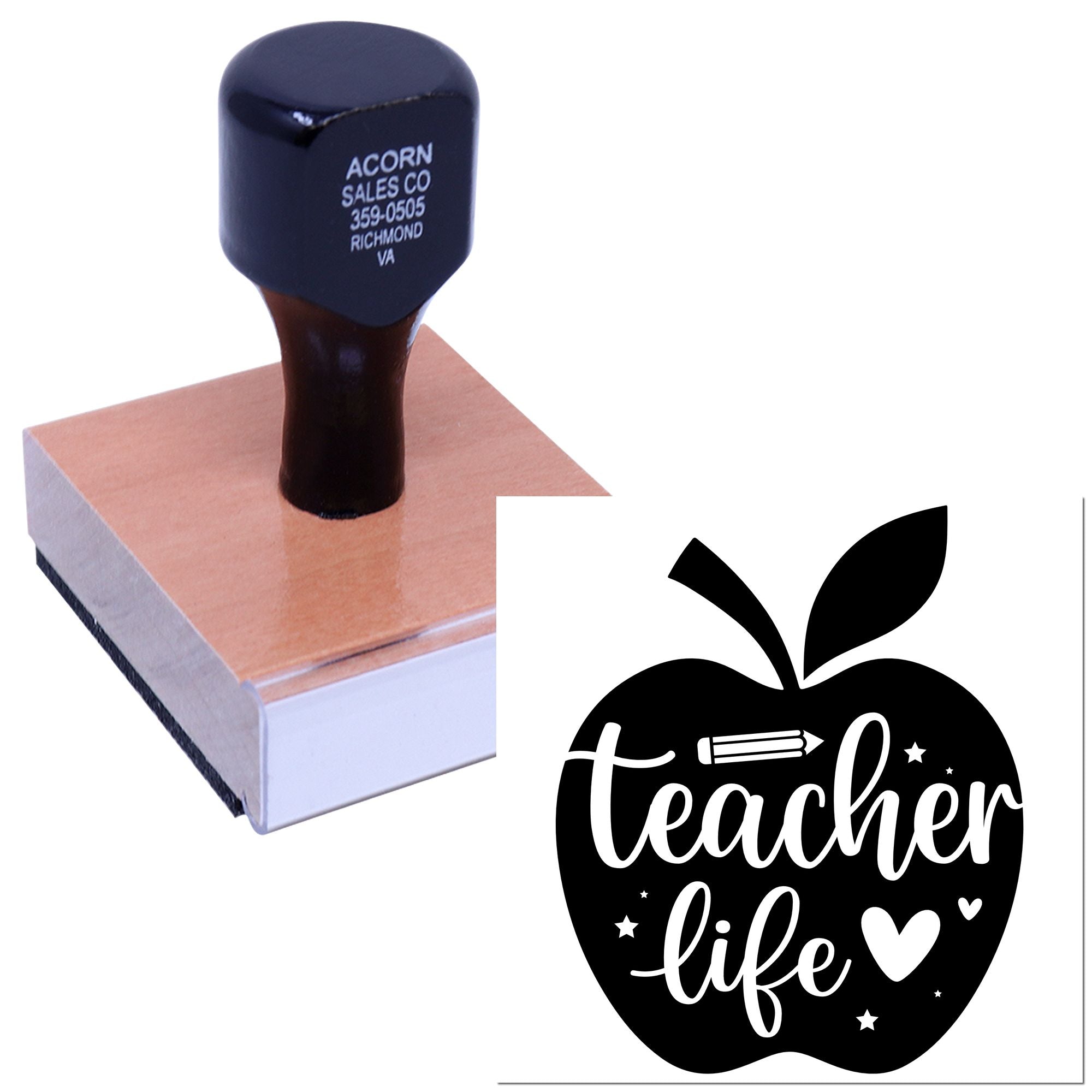 Teacher life custom rubber stamp on wooden block for classroom papers, crafts, and personalized teacher stationery.