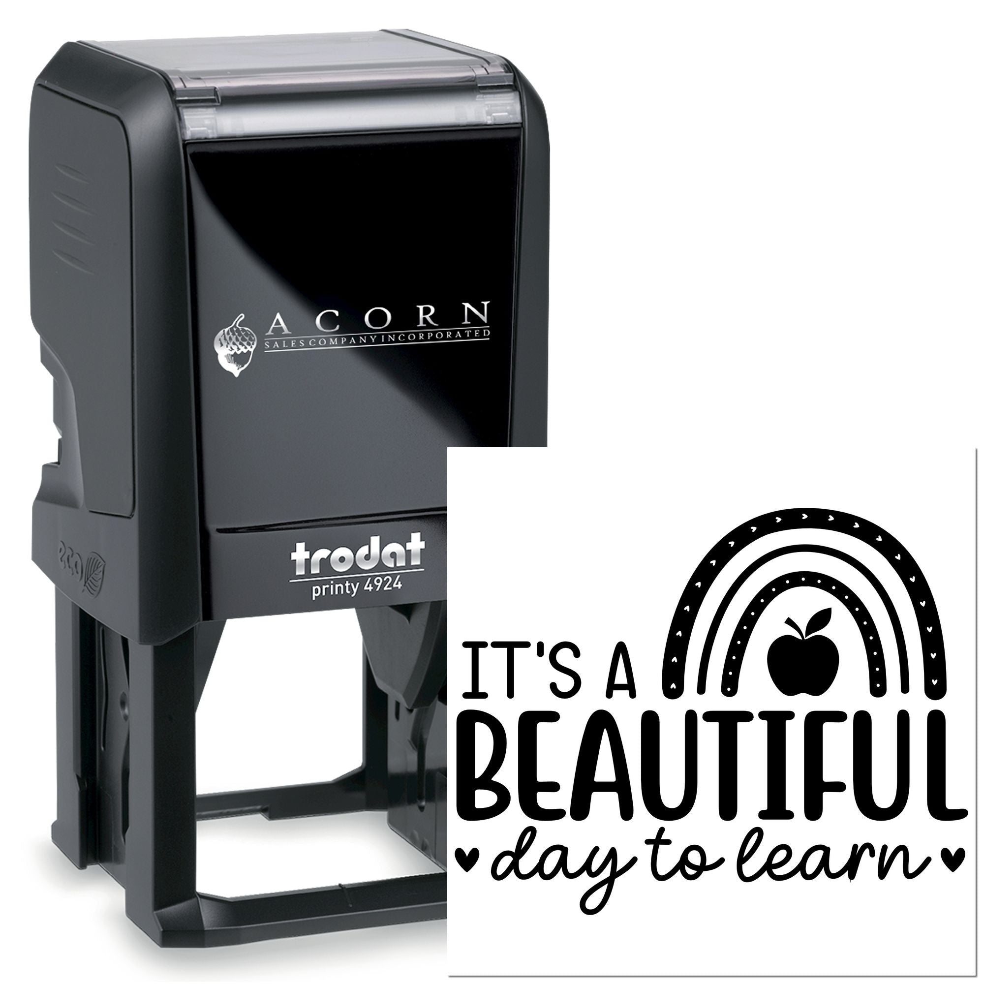 Custom self-inking rubber stamp, Trodat Printy 4924, with Its a Beautiful Day to Learn rainbow design for teachers