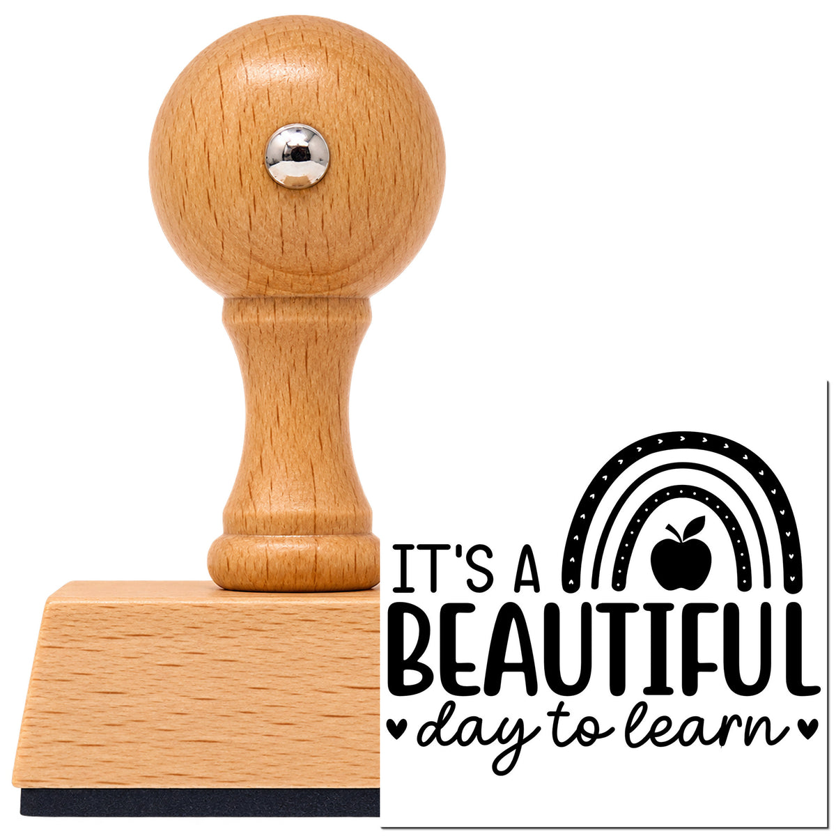 Beautiful Day To Learn Vintage Pro rubber stamp in European beech wood with a round knob handle, shown beside its black imprint.