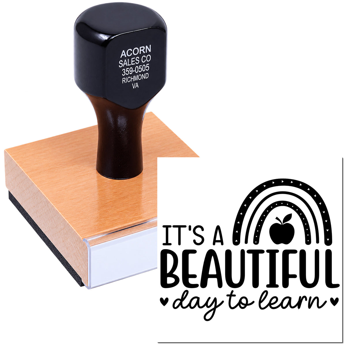 Custom teacher rubber stamp with Its a Beautiful Day to Learn rainbow apple design for classroom rewards and worksheets.