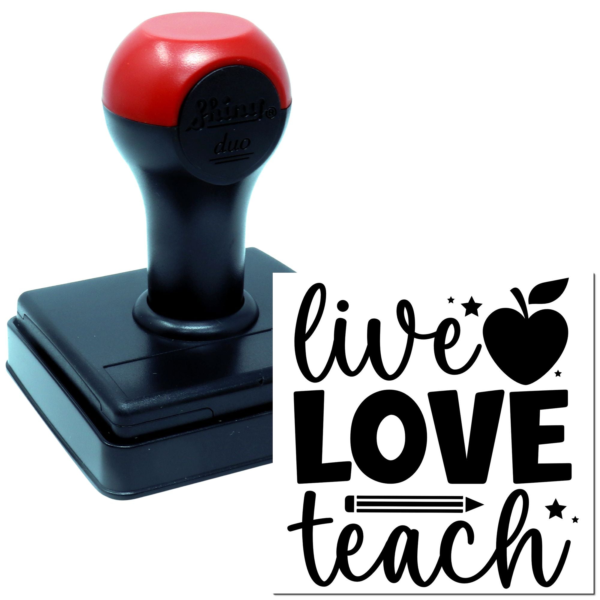 Live Love Teach self-inking rubber stamp with apple and pencil design for classroom crafts and teacher gifts.