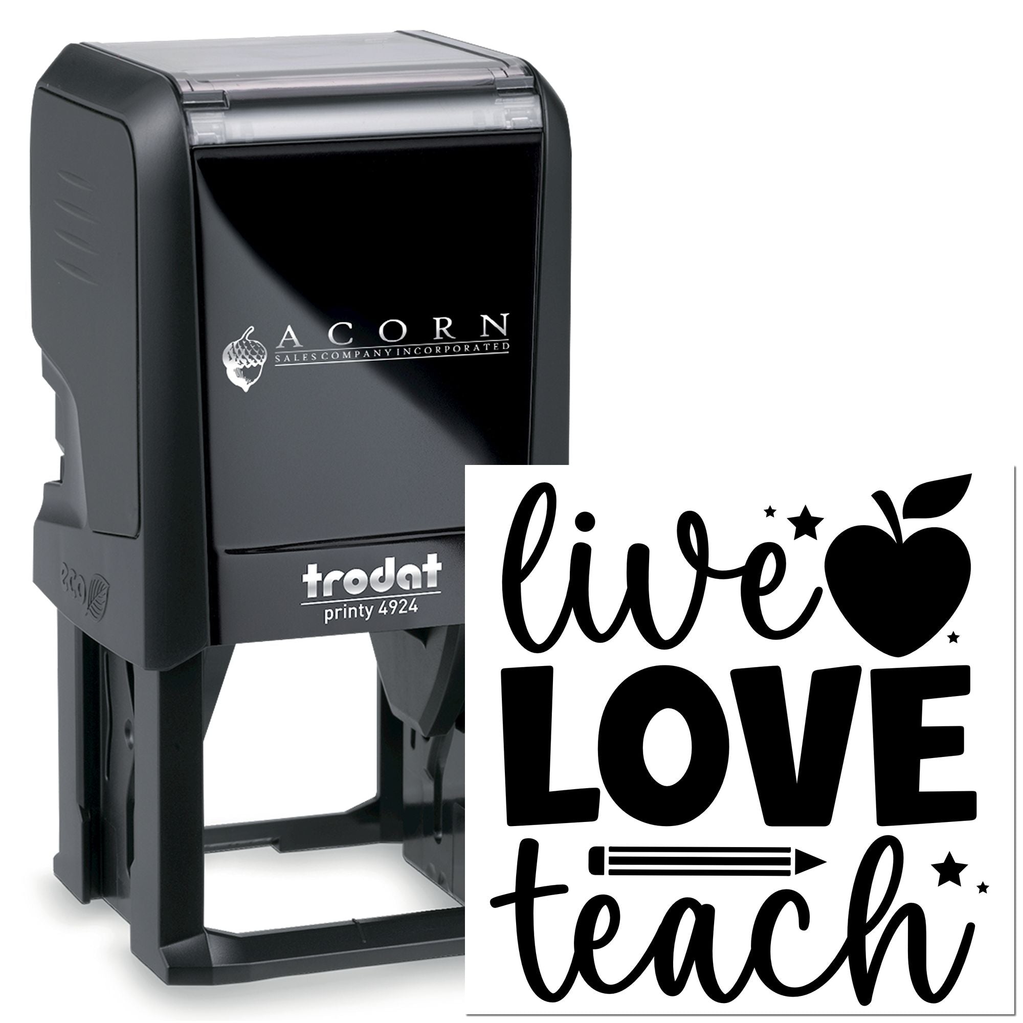 Self-inking rubber stamp with Live Love Teach design for teachers, classroom crafts, and custom paper marking.