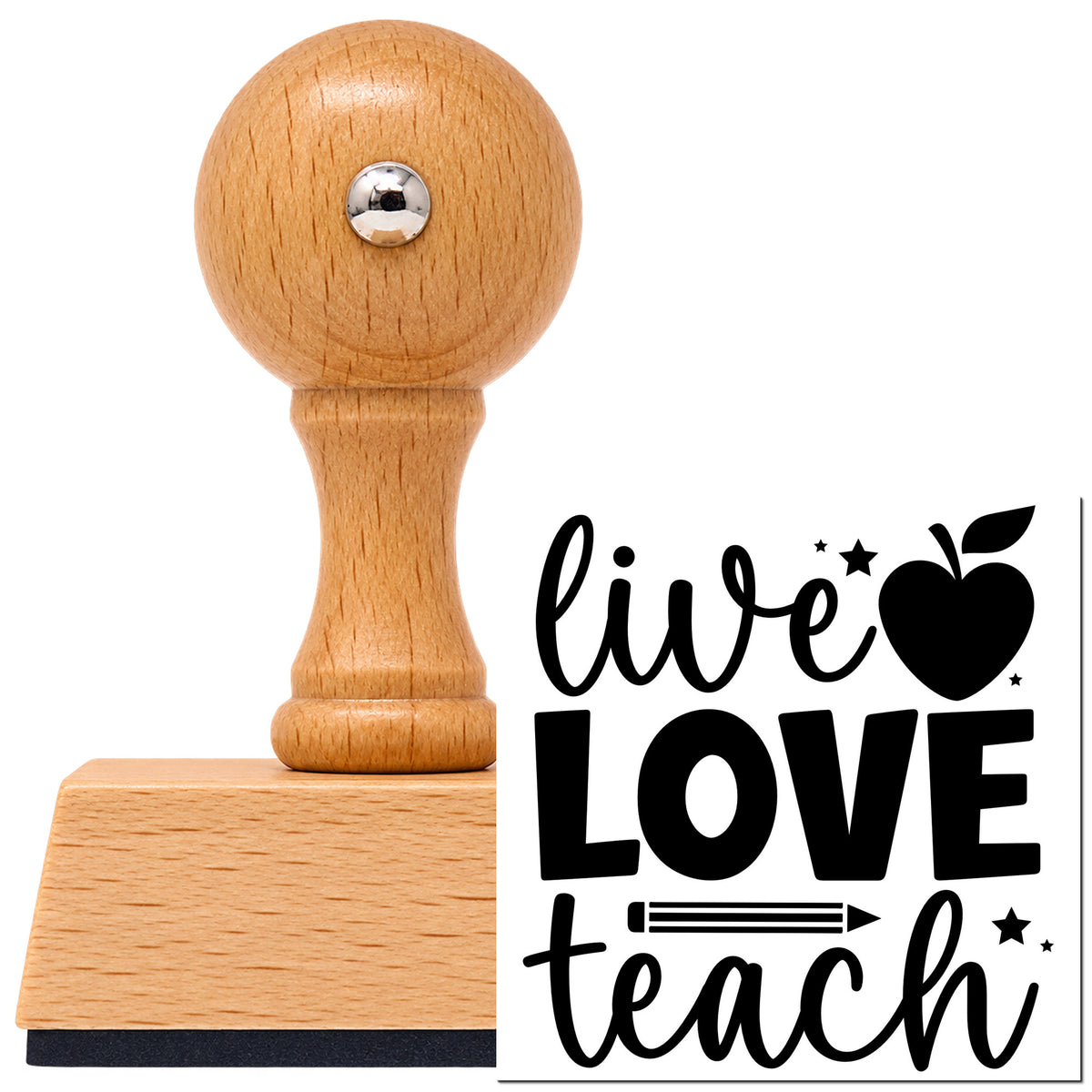 Live Love Teach Vintage Pro rubber stamp in European beech wood with a round knob handle, shown beside its black imprint.
