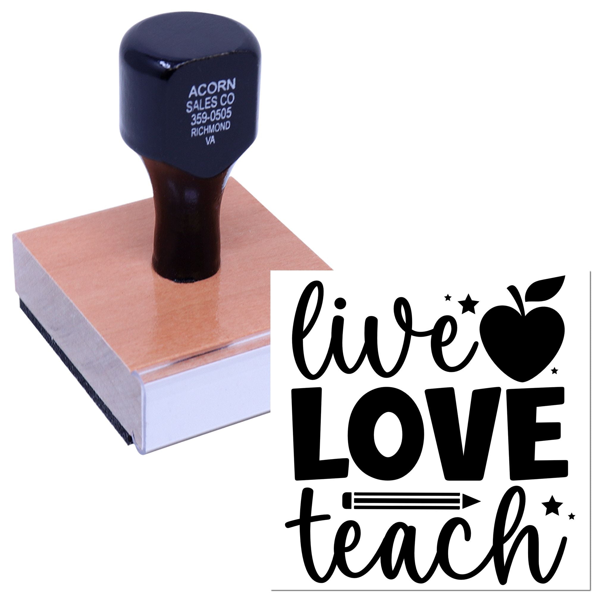 Custom rubber stamp with Live Love Teach design for classroom crafts, teacher gifts, and personalized stationery.