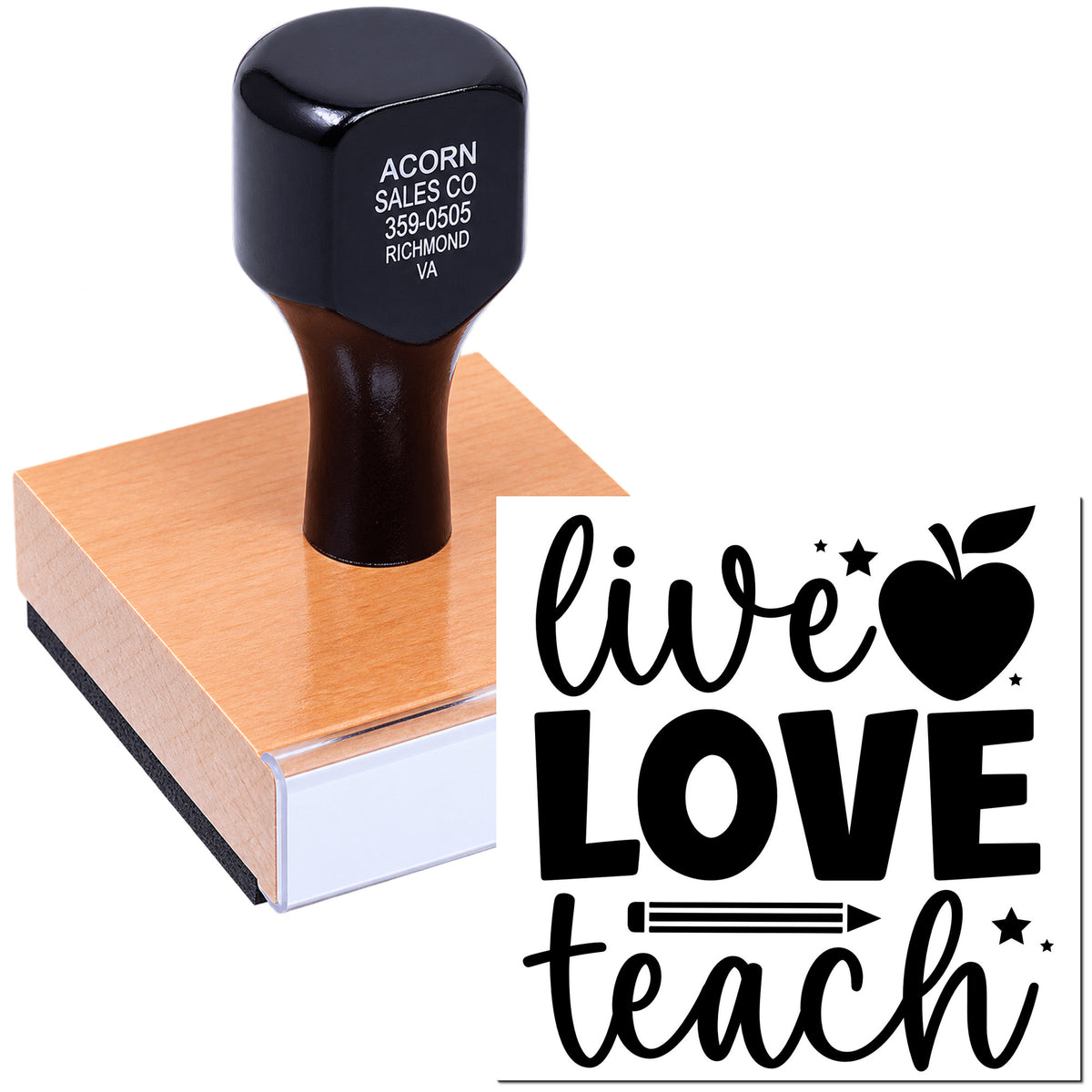Custom rubber stamp with Live Love Teach design for classroom crafts, teacher gifts, and personalized stationery.