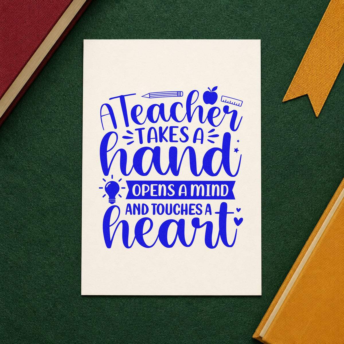 Teacher Touches a Heart craft stamp in blue ink on cardstock, an easy option for canvas pencil pouches.