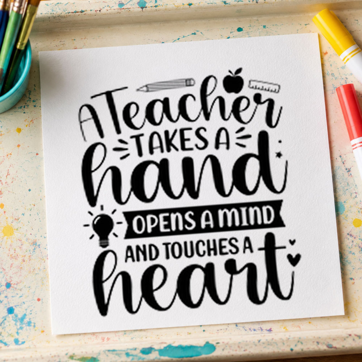 Teacher Touches a Heart rubber stamp printed in black ink, ready for hand mind heart cards and similar paper crafts.