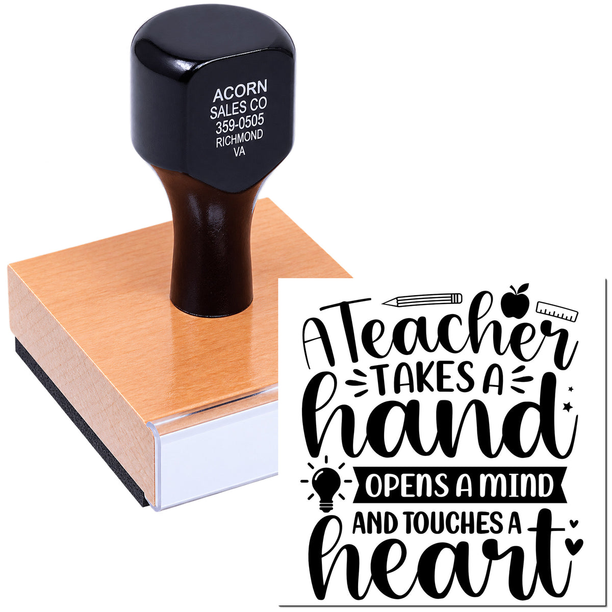 Teacher appreciation rubber stamp with inspirational quote, A teacher takes a hand, opens a mind and touches a heart.