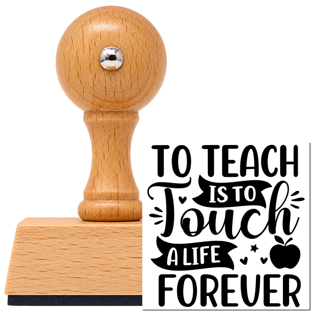 To Teach Is To Touch Apple Vintage Pro rubber stamp in European beech wood with a round knob handle, shown beside its black imprint.