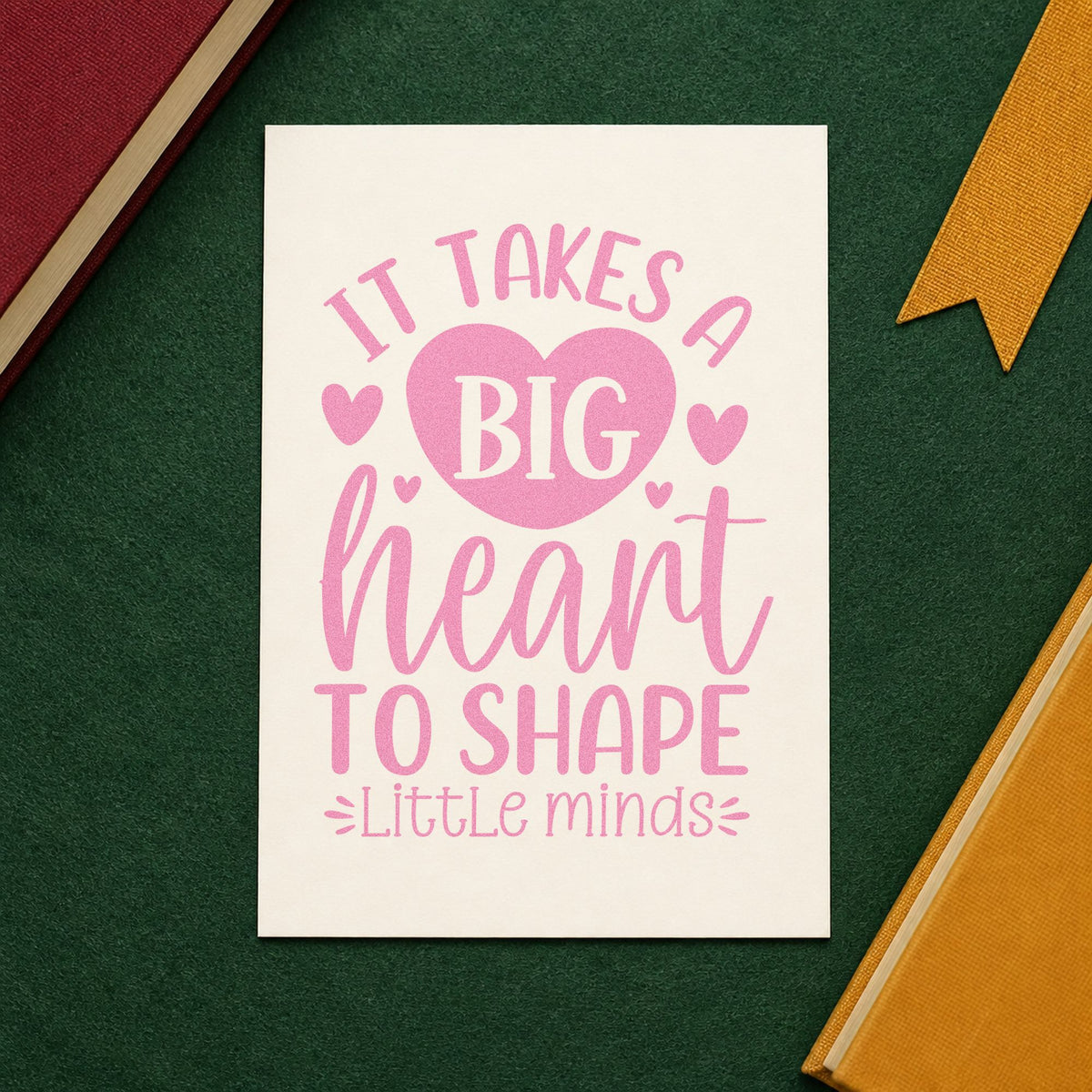 Big Heart Shapes Little Minds craft stamp in purple ink on cardstock, an easy option for preschool gift tags.