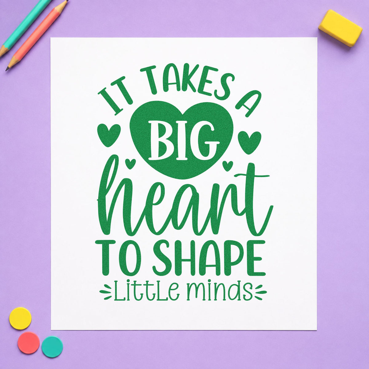Big Heart Shapes Little Minds craft stamp imprint in green ink on a handmade project, one idea being framed cubby wall.