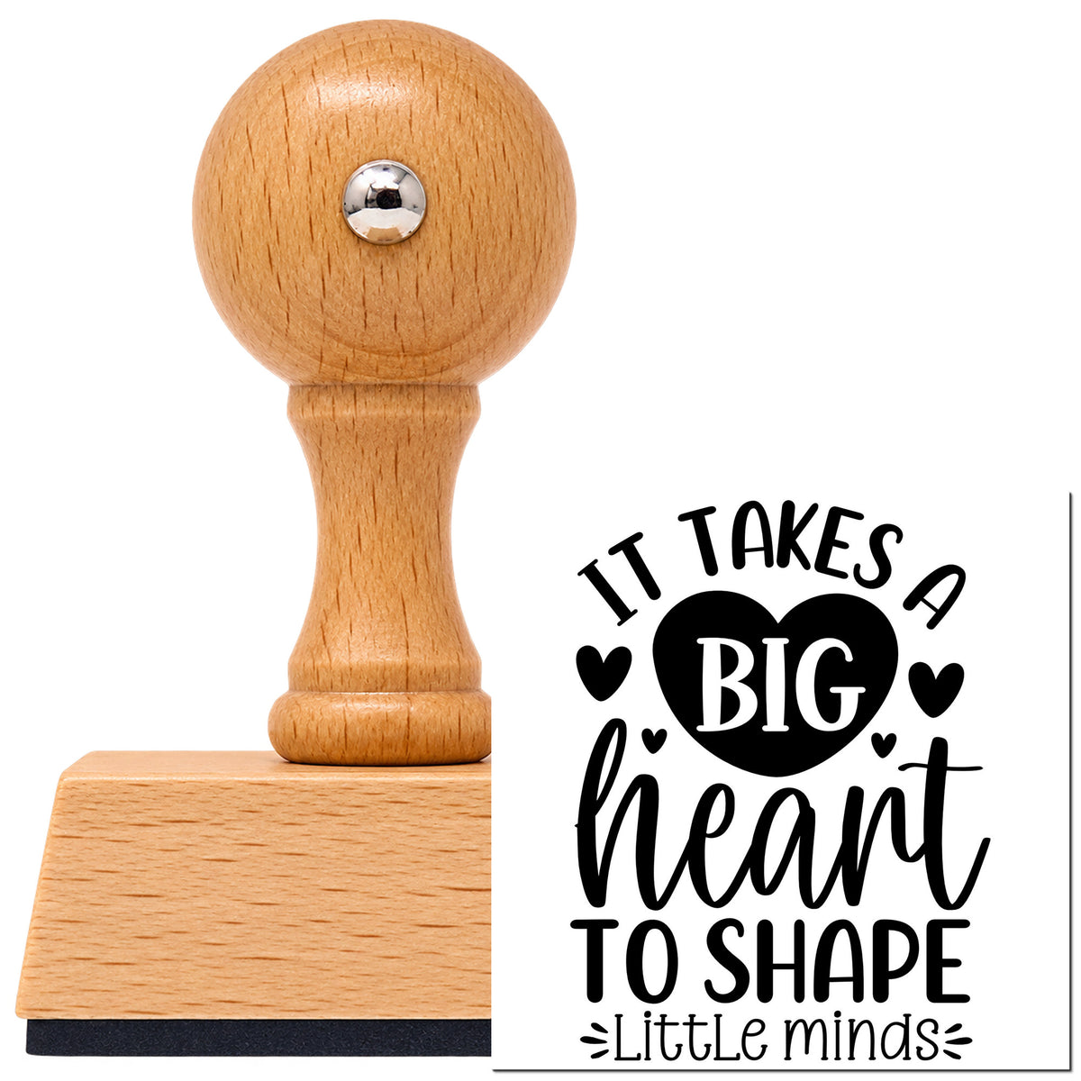 Big Heart Little Minds Teaching Lettering Vintage Pro rubber stamp in European beech wood with a round knob handle, shown beside its black imprint.