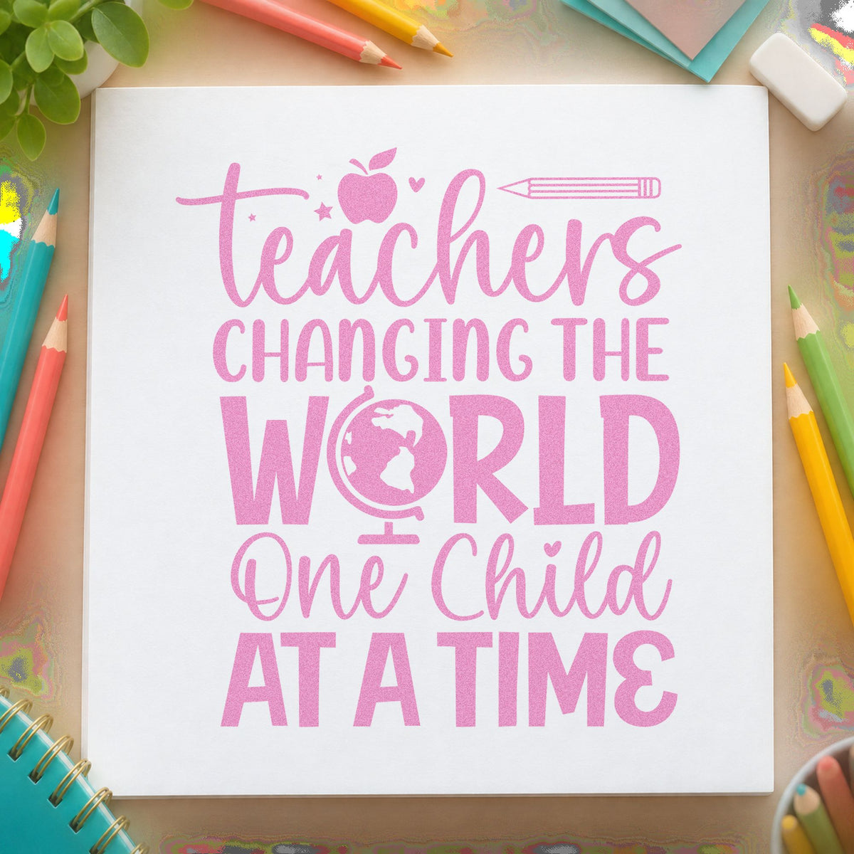 Teachers Changing the World craft stamp in purple ink on cardstock, an easy option for geography unit tags.