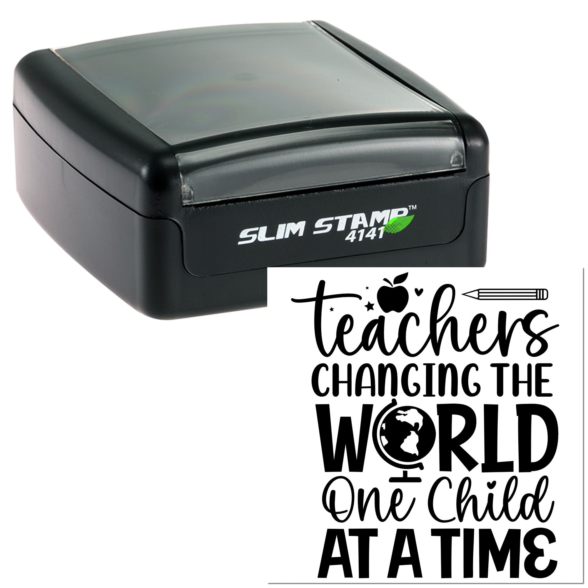 Self-inking rubber teacher stamp with Teachers Changing the World One Child at a Time design for classroom use and appreciation gifts