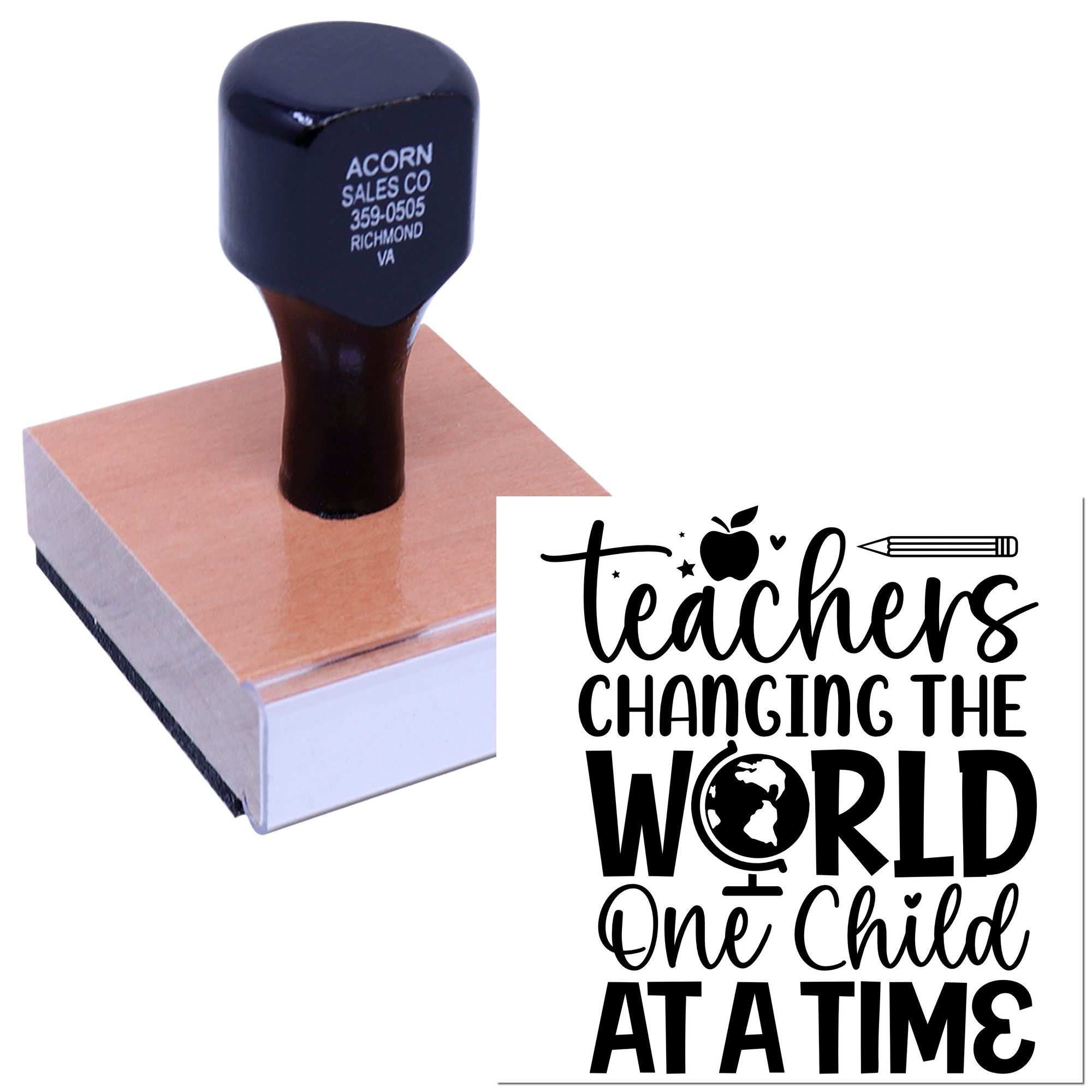 Custom teacher rubber stamp with Teachers Changing the World One Child at a Time design for classroom use and appreciation gifts.