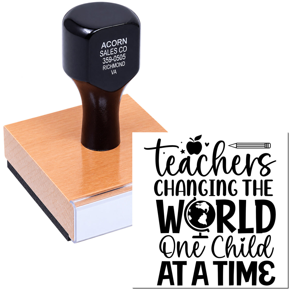 Custom teacher rubber stamp with Teachers Changing the World One Child at a Time design for classroom use and appreciation gifts.