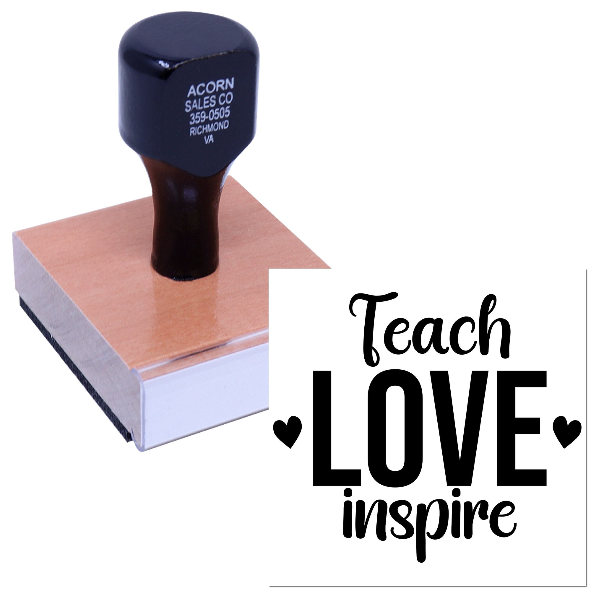 Custom rubber stamp with Teach Love Inspire design, ideal for teachers, classroom crafts, and inspirational gift projects.