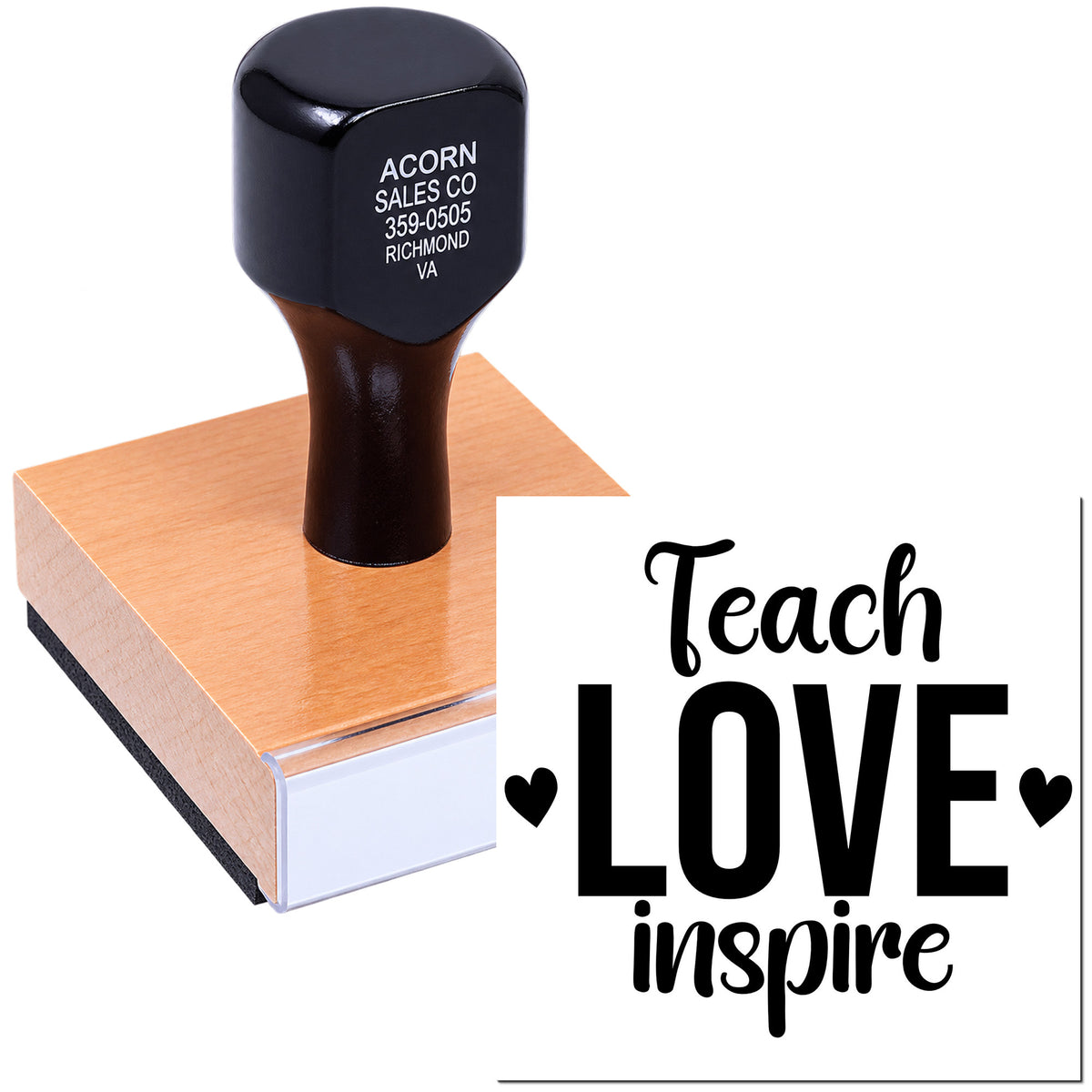 Custom rubber stamp with Teach Love Inspire design, ideal for teachers, classroom crafts, and inspirational gift projects.