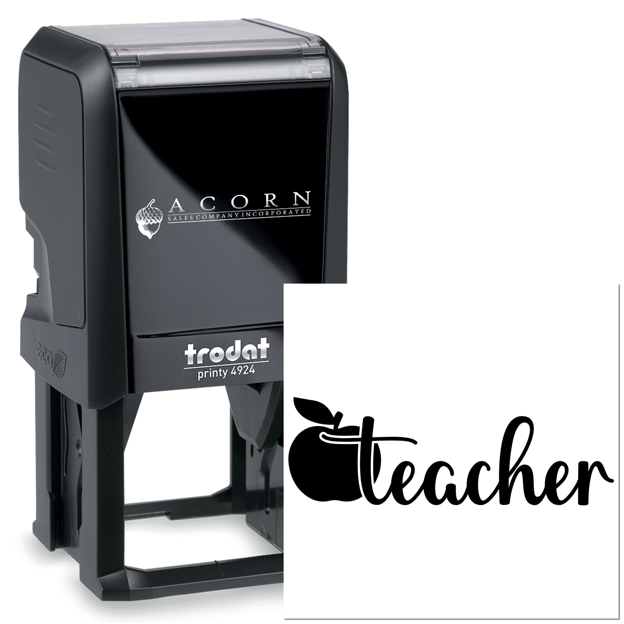 Custom teacher rubber stamp, self-inking Trodat Printy 4924 with apple design for grading and classroom use.