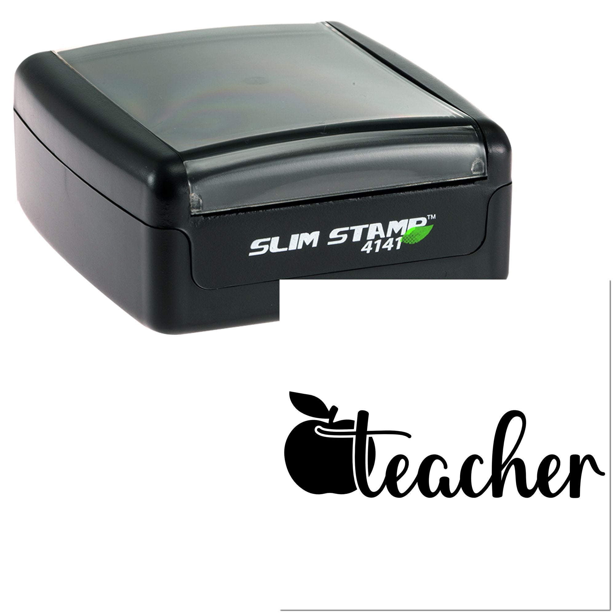 Slim Stamp 4141 self-inking rubber stamp with teacher apple design for classroom use and personalized grading.