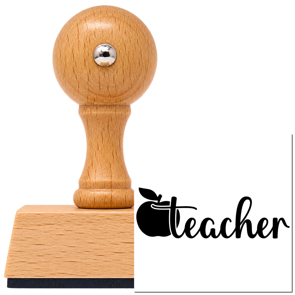 Teacher Apple Flourish Vintage Pro rubber stamp in European beech wood with a round knob handle, shown beside its black imprint.