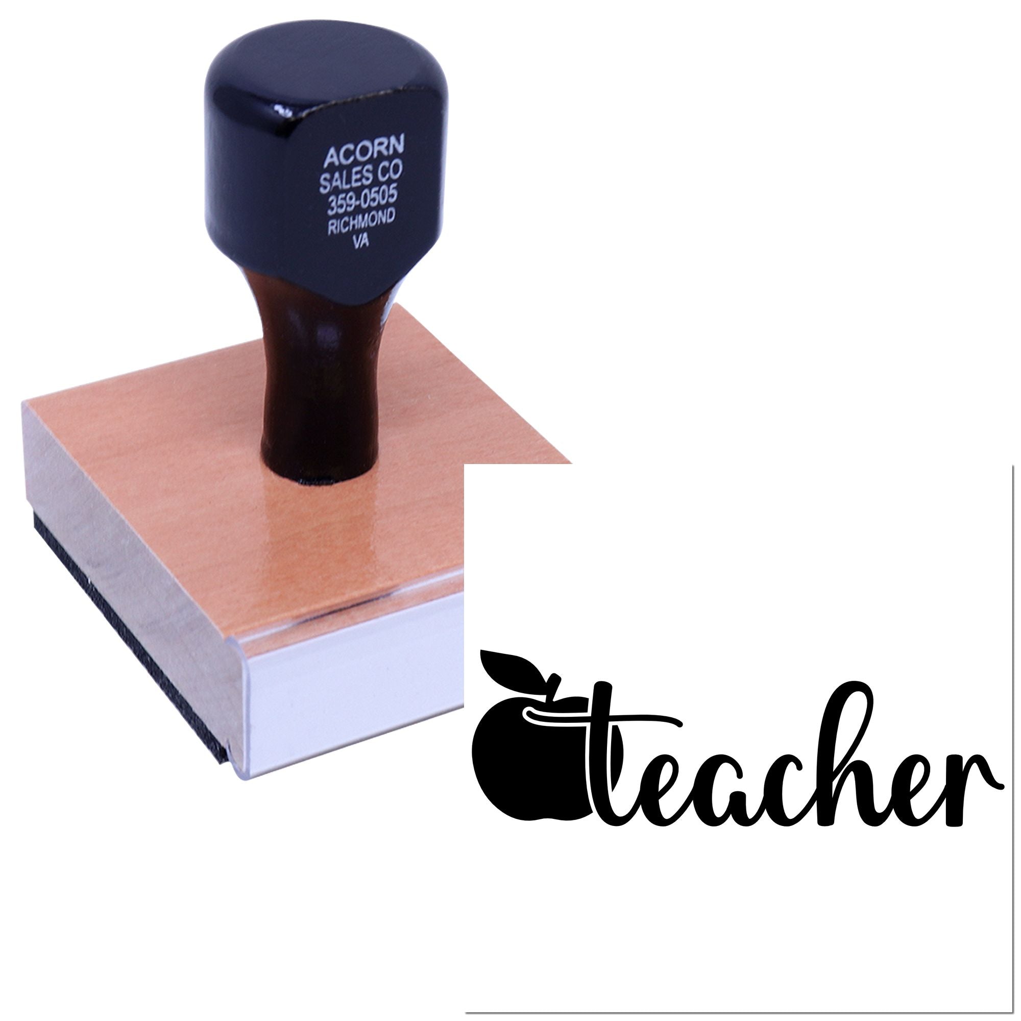 Custom teacher rubber stamp with apple logo on wood block, ideal for classroom grading, rewards, and lesson notes.