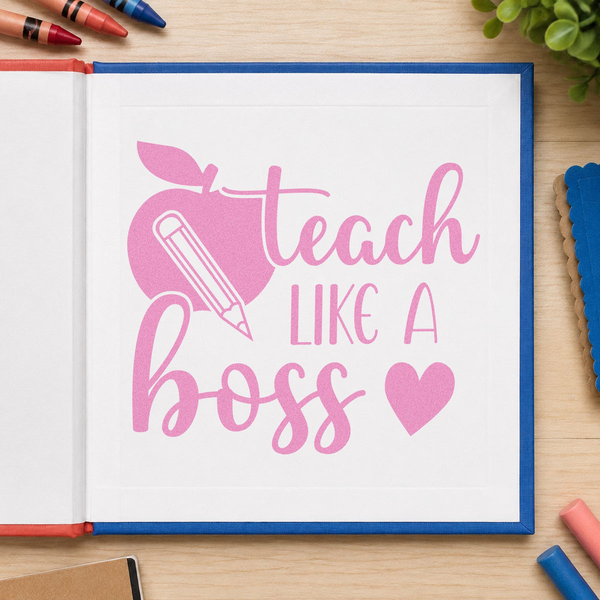 Teach Like a Boss craft stamp in purple ink on cardstock, an easy option for team lead tags.
