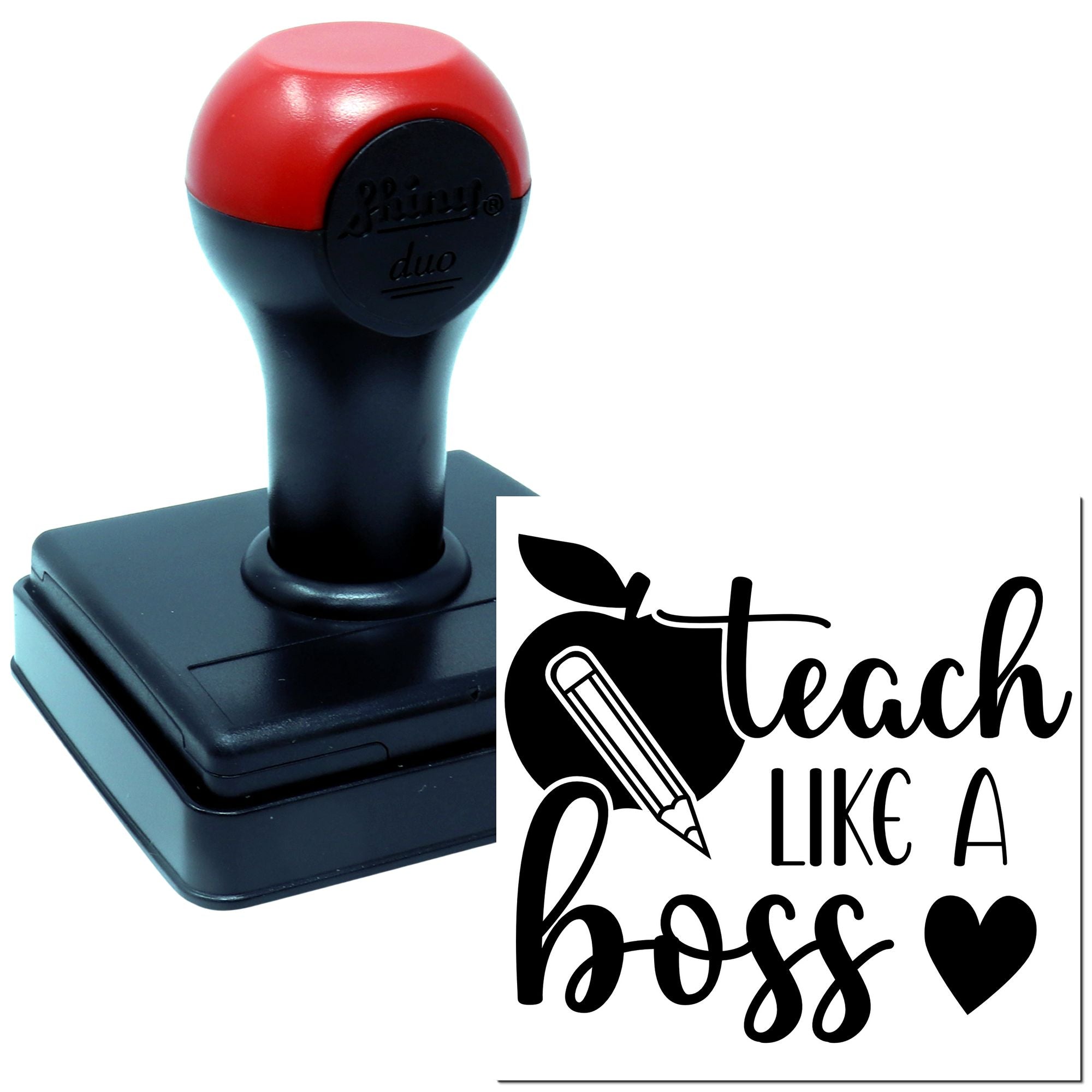 Self-inking rubber stamp with Teach Like a Boss design, pencil icon and heart for teacher classroom use.