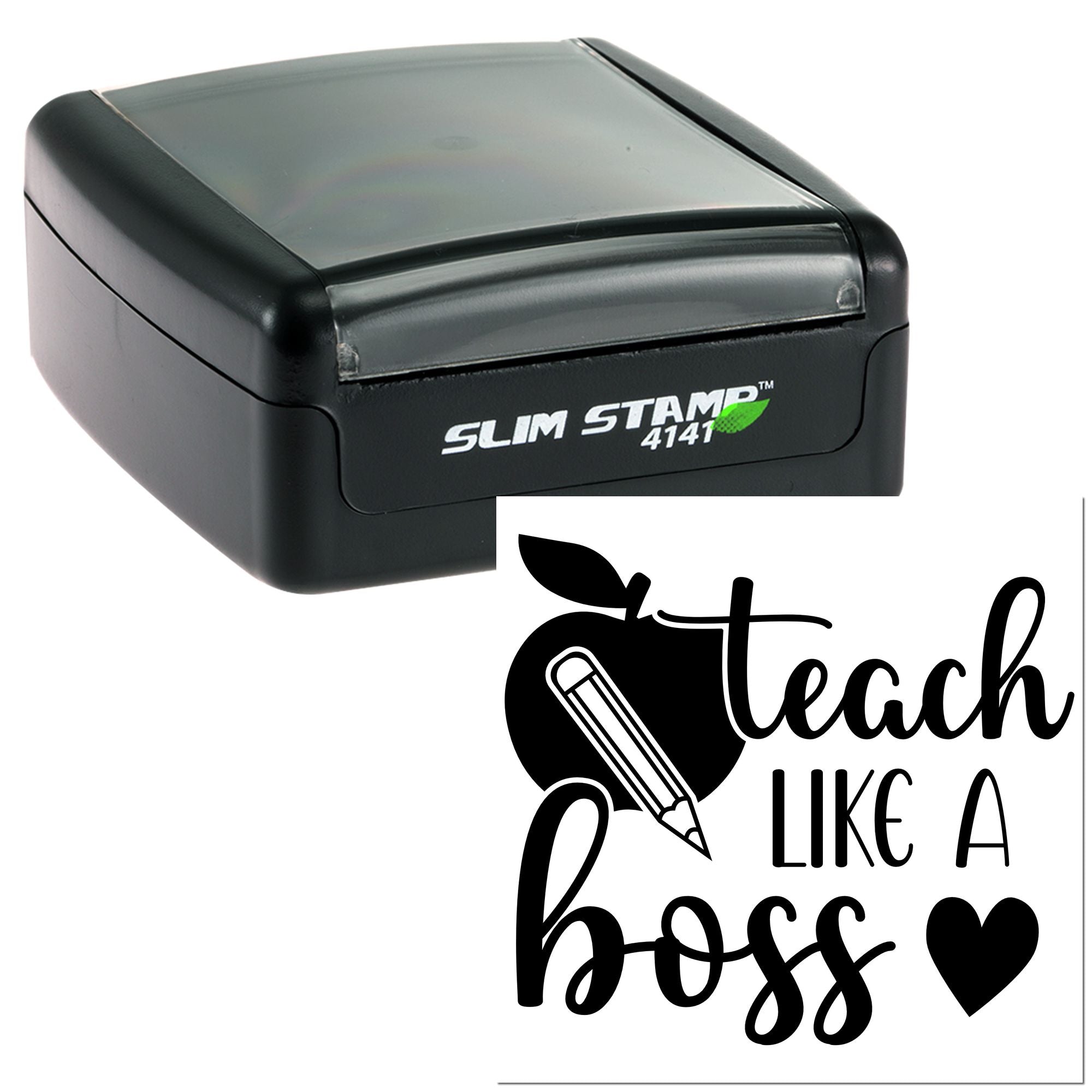 Self-inking rubber stamp with Teach Like a Boss teacher design for classroom grading, rewards, and educator branding.
