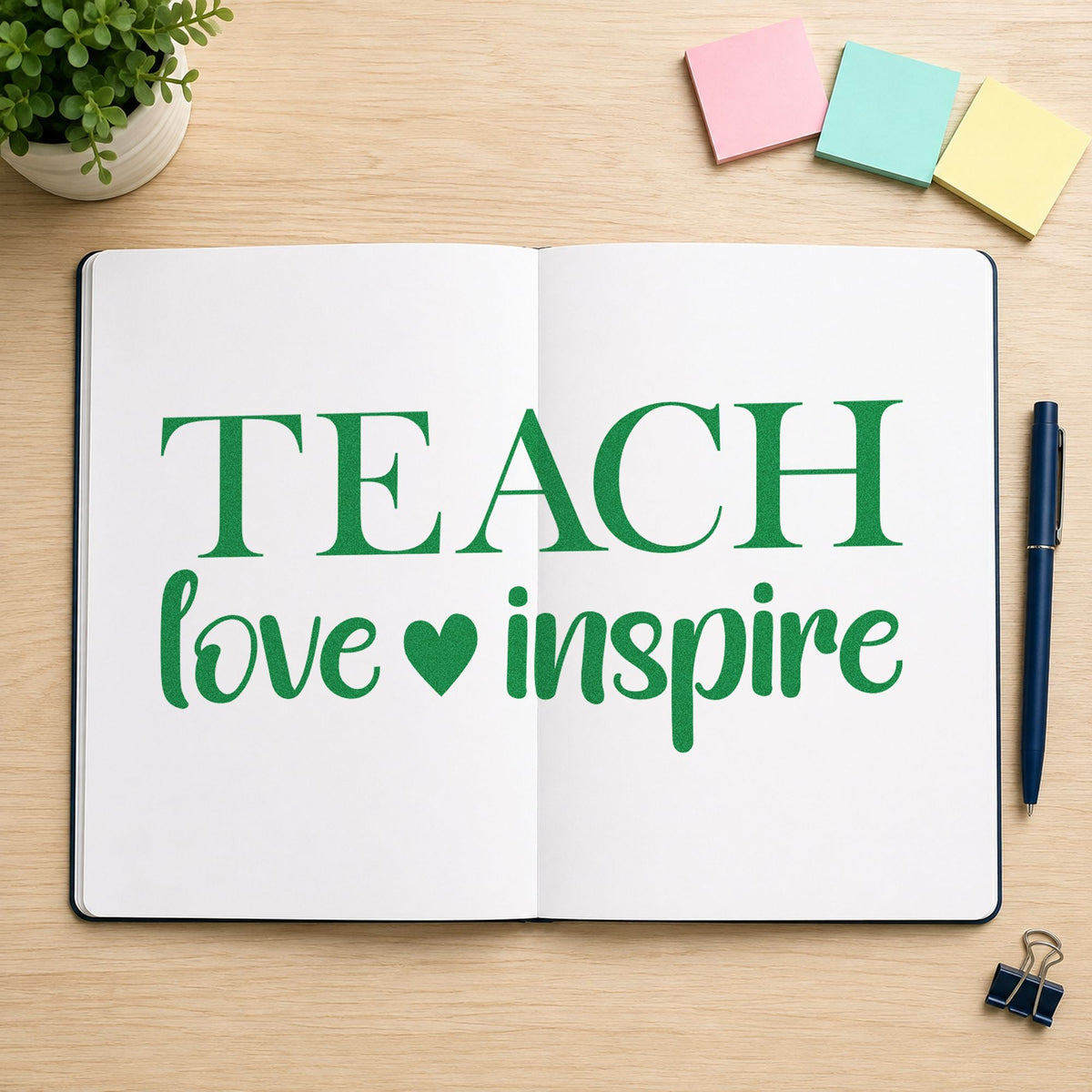 Teach Love Inspire Serif craft stamp imprint in green ink on a handmade project, one idea being framed diploma mat.