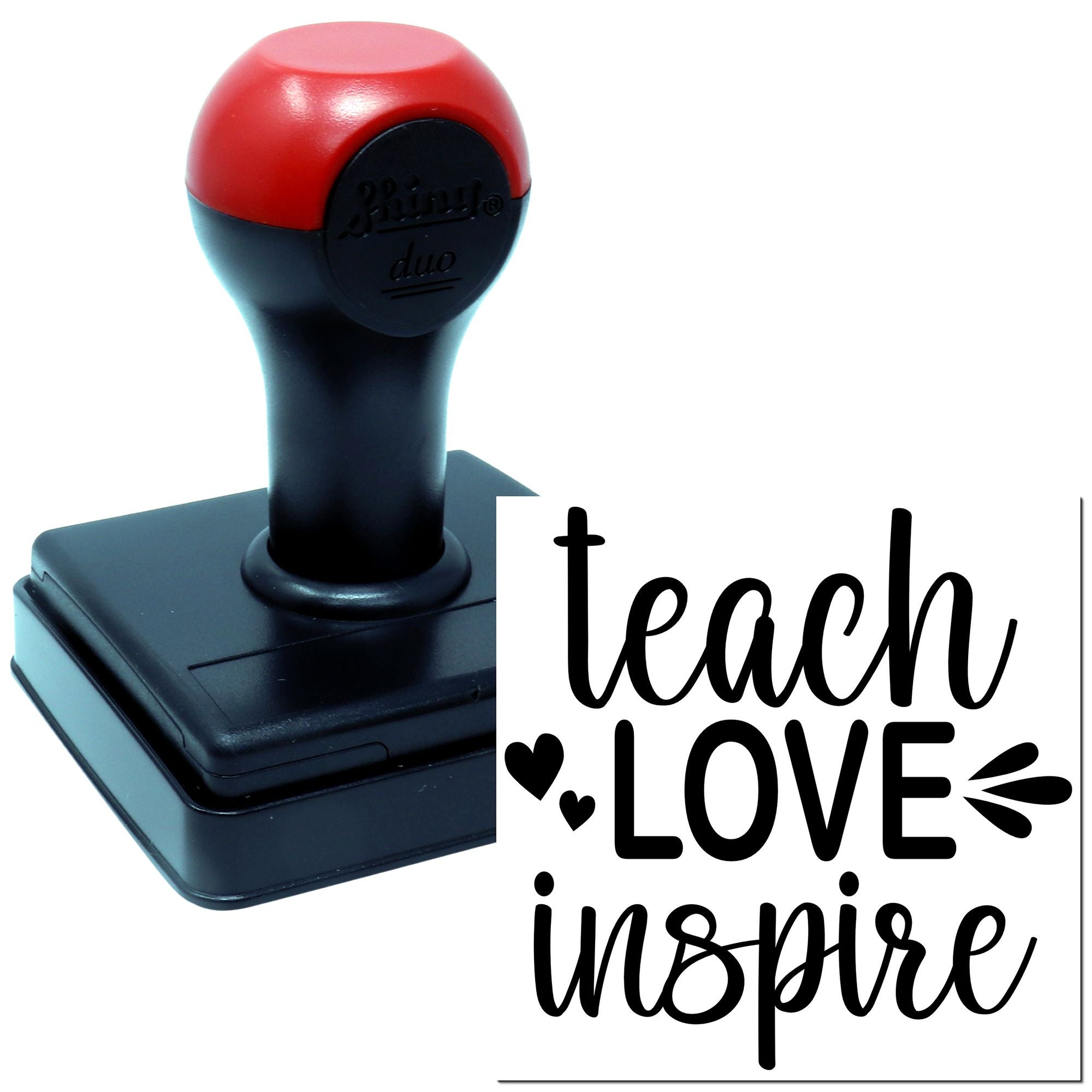 Self-inking teacher rubber stamp with teach love inspire design for classroom notes, crafts, and education.