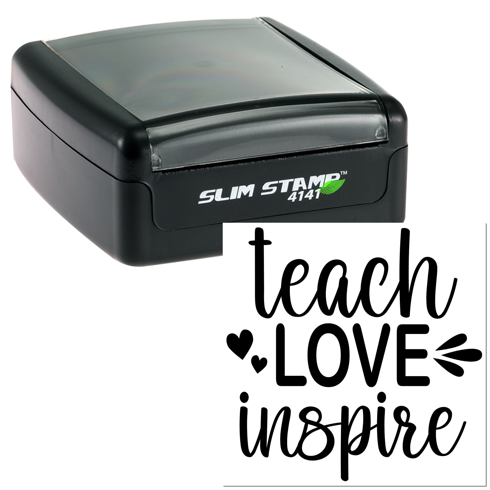 Custom teacher rubber stamp, self-inking stamp with teach love inspire design for classroom rewards, notes, and crafts.