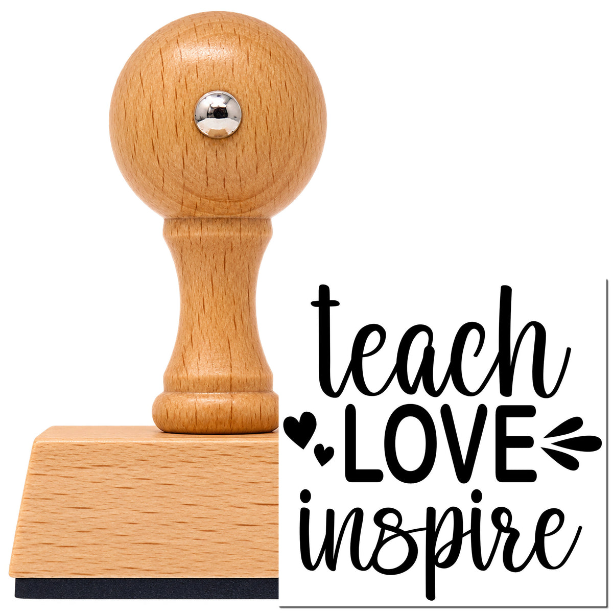 Teach Love Inspire Vintage Pro rubber stamp in European beech wood with a round knob handle, shown beside its black imprint.