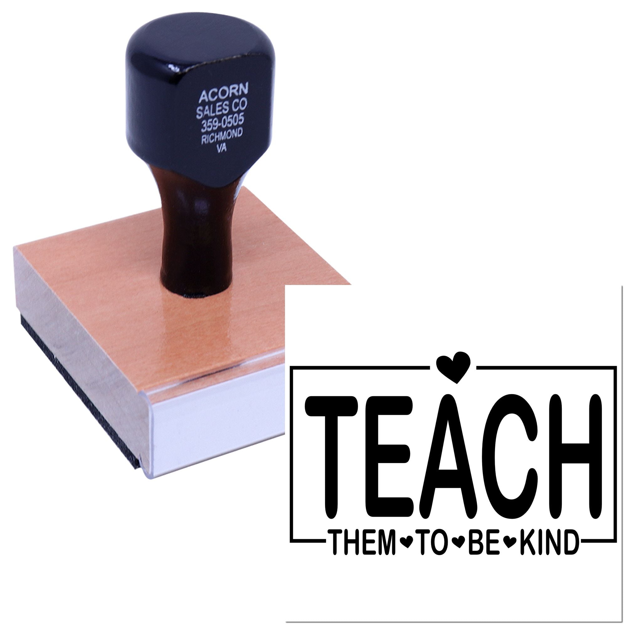 Custom rubber stamp with teacher message, Teach Them to Be Kind, for classroom crafts, cards, and school supplies.