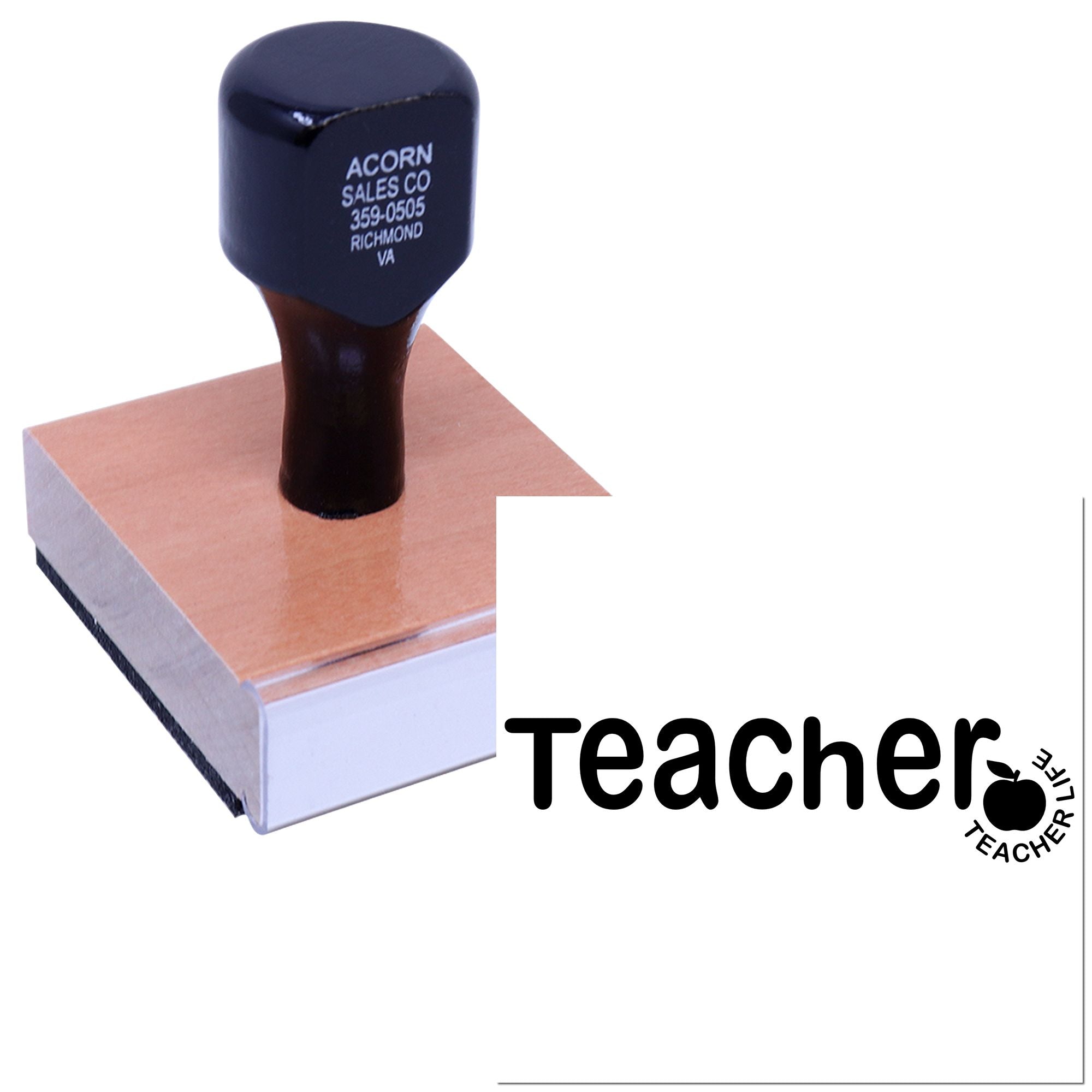 Teacher rubber stamp with Teacher Life apple logo, ideal for grading papers, classroom rewards, and school use.
