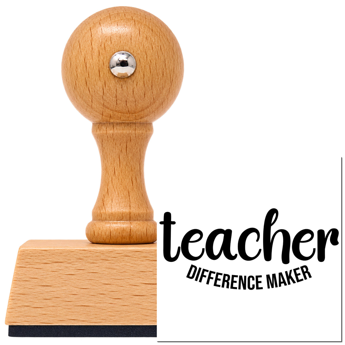 Teacher Difference Maker Vintage Pro rubber stamp in European beech wood with a round knob handle, shown beside its black imprint.