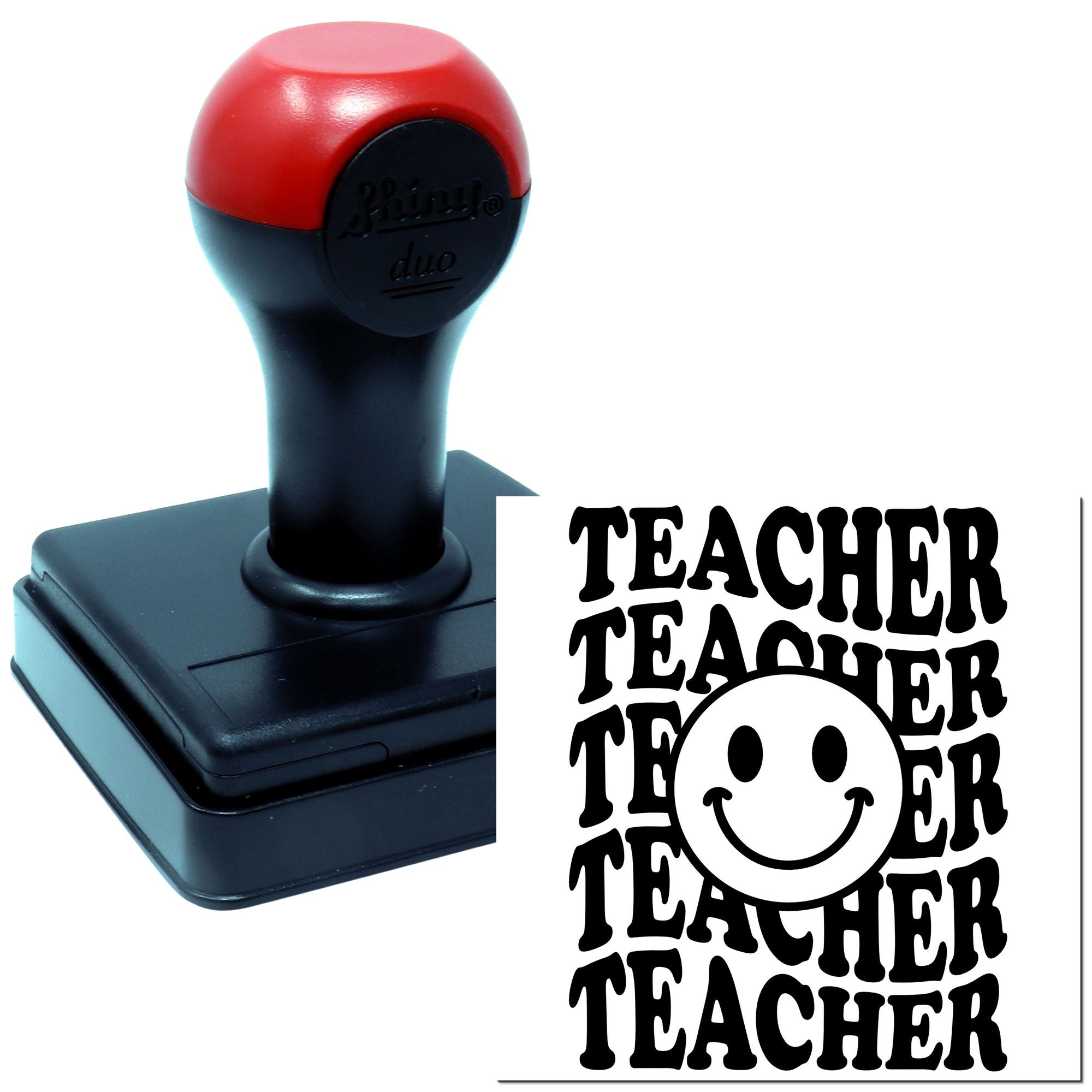 Self-inking teacher rubber stamp with smiley design for classroom grading and student feedback.