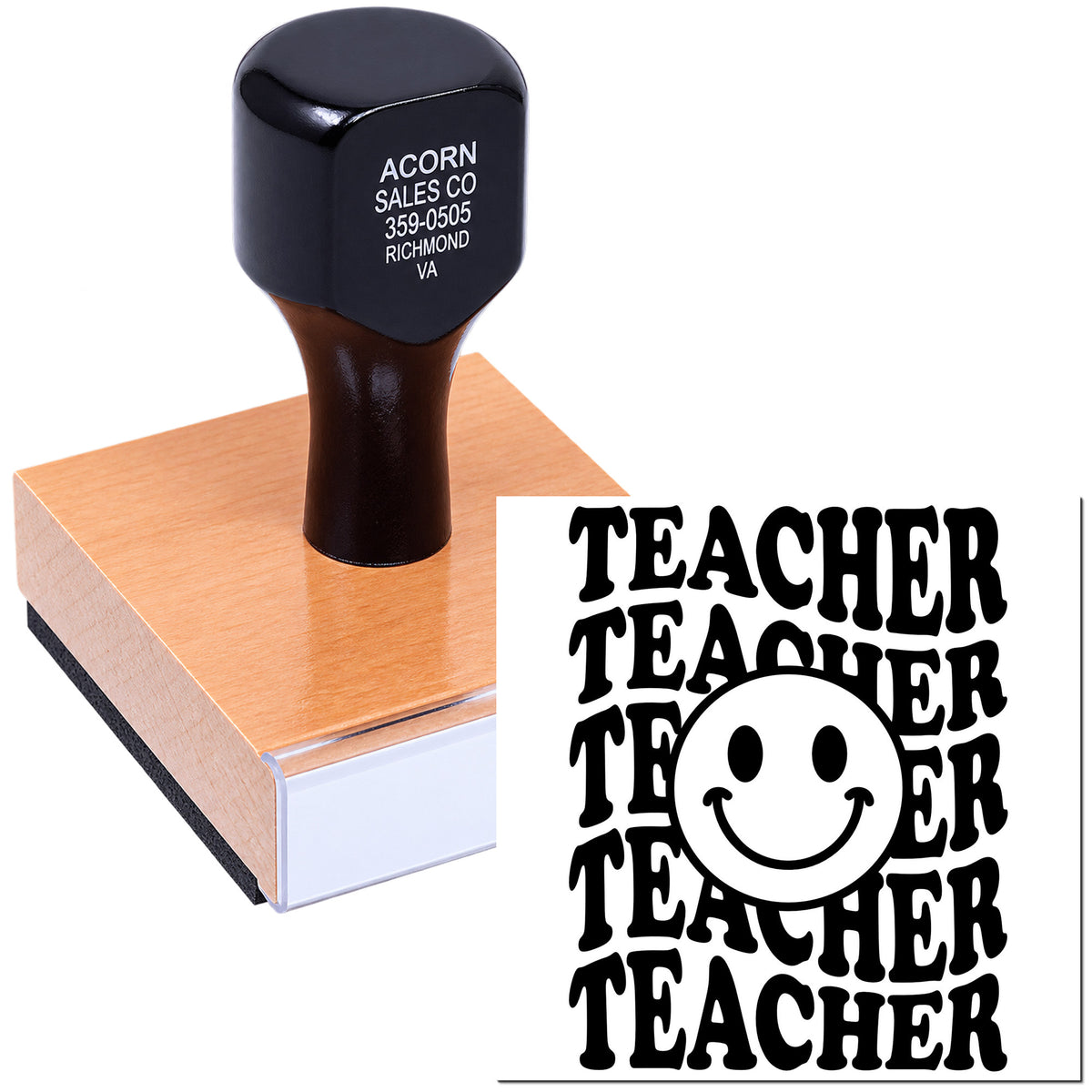Teacher rubber stamp with smiley face design for grading, classroom feedback, and school paperwork.