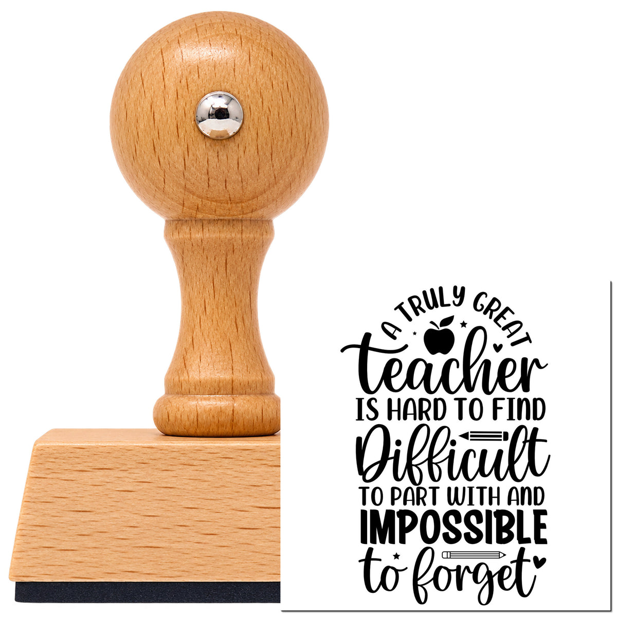 Truly Great Teacher Apple Vintage Pro rubber stamp in European beech wood with a round knob handle, shown beside its black imprint.