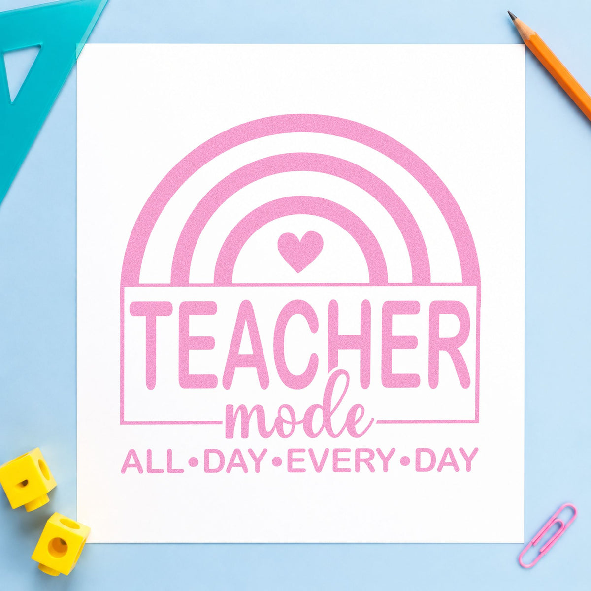 Teacher Mode Rainbow craft stamp in purple ink on cardstock, an easy option for morning routine tags.
