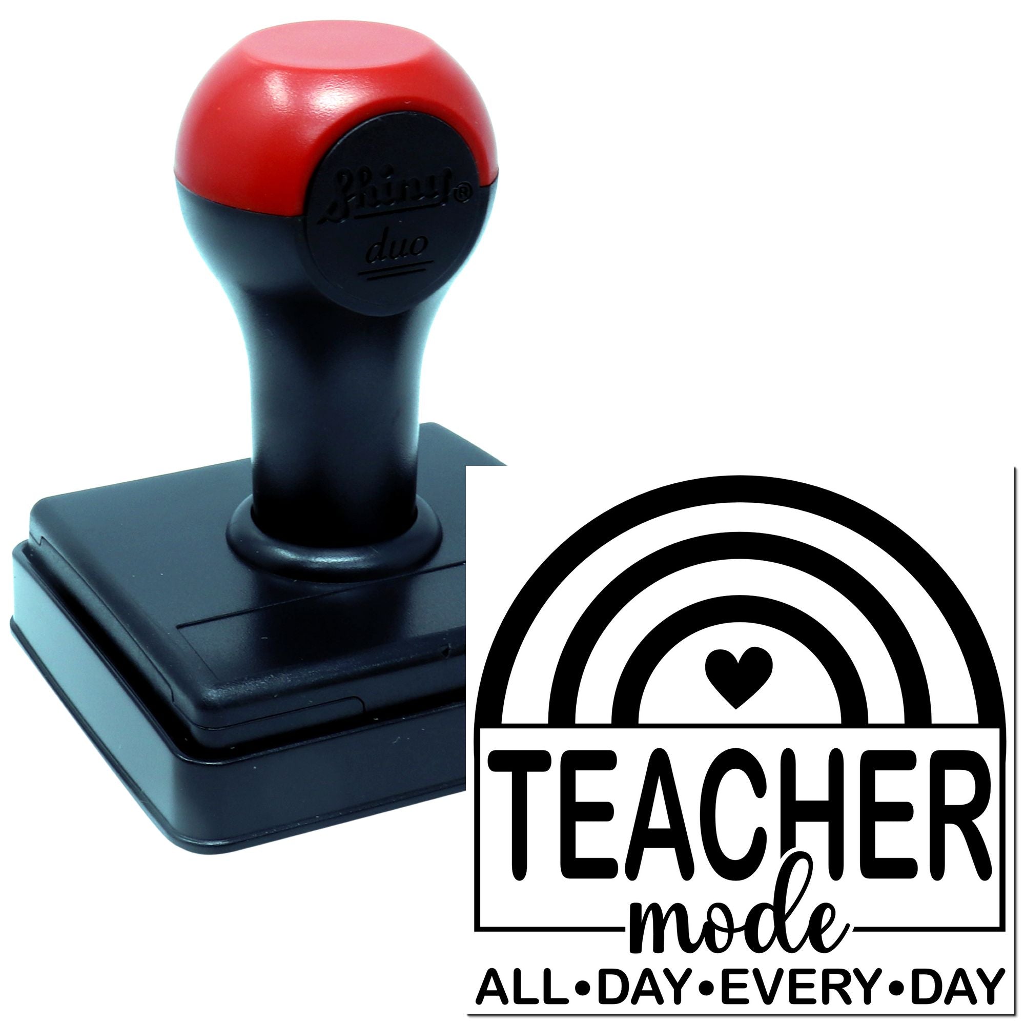 Teacher Mode rubber stamp with rainbow and heart design, ideal for classroom projects, teacher gifts, and daily stamping.